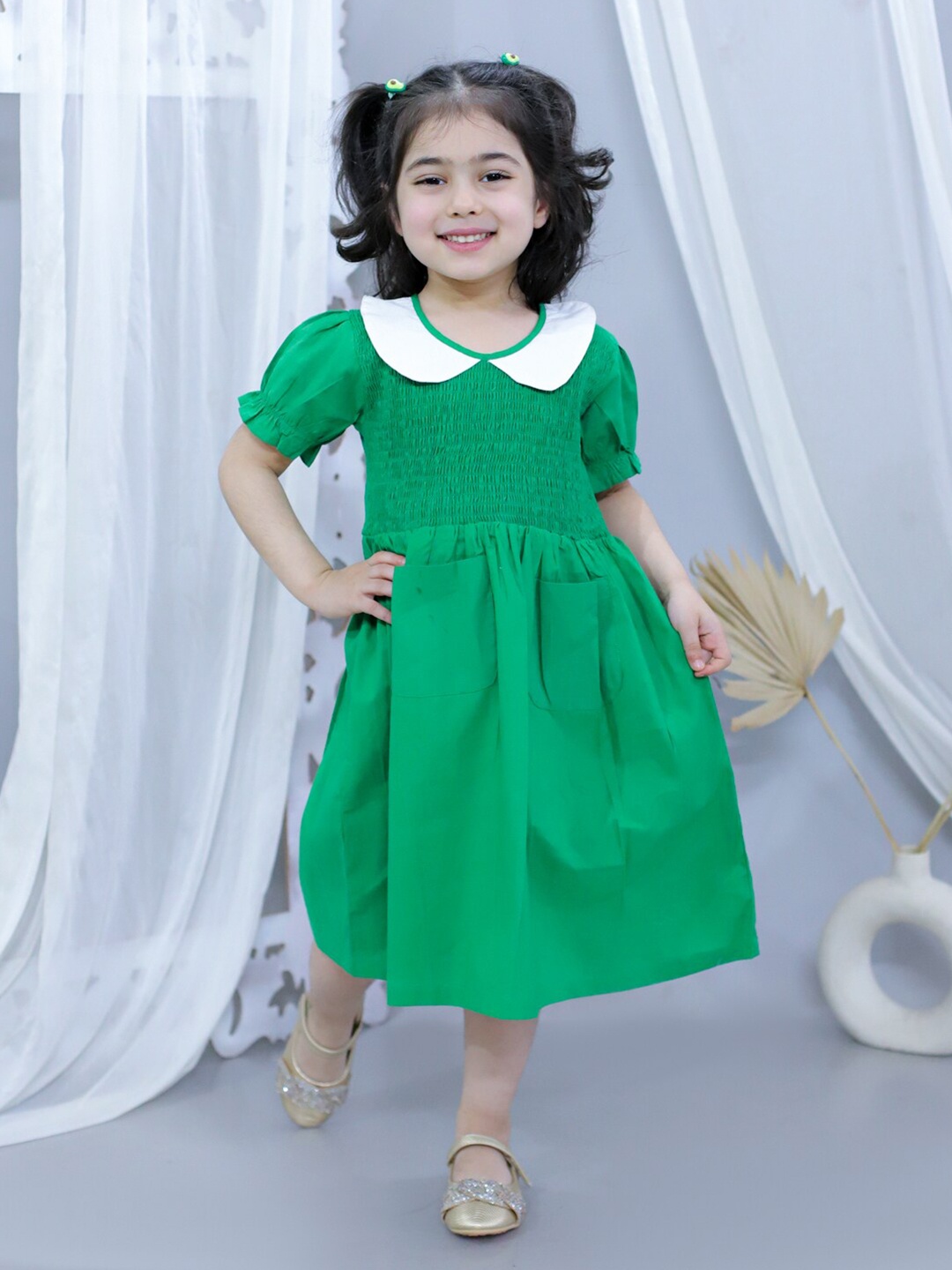

JUNITOS Peter Pan Collar Puff Sleeve Fit and Flare Dress, Green