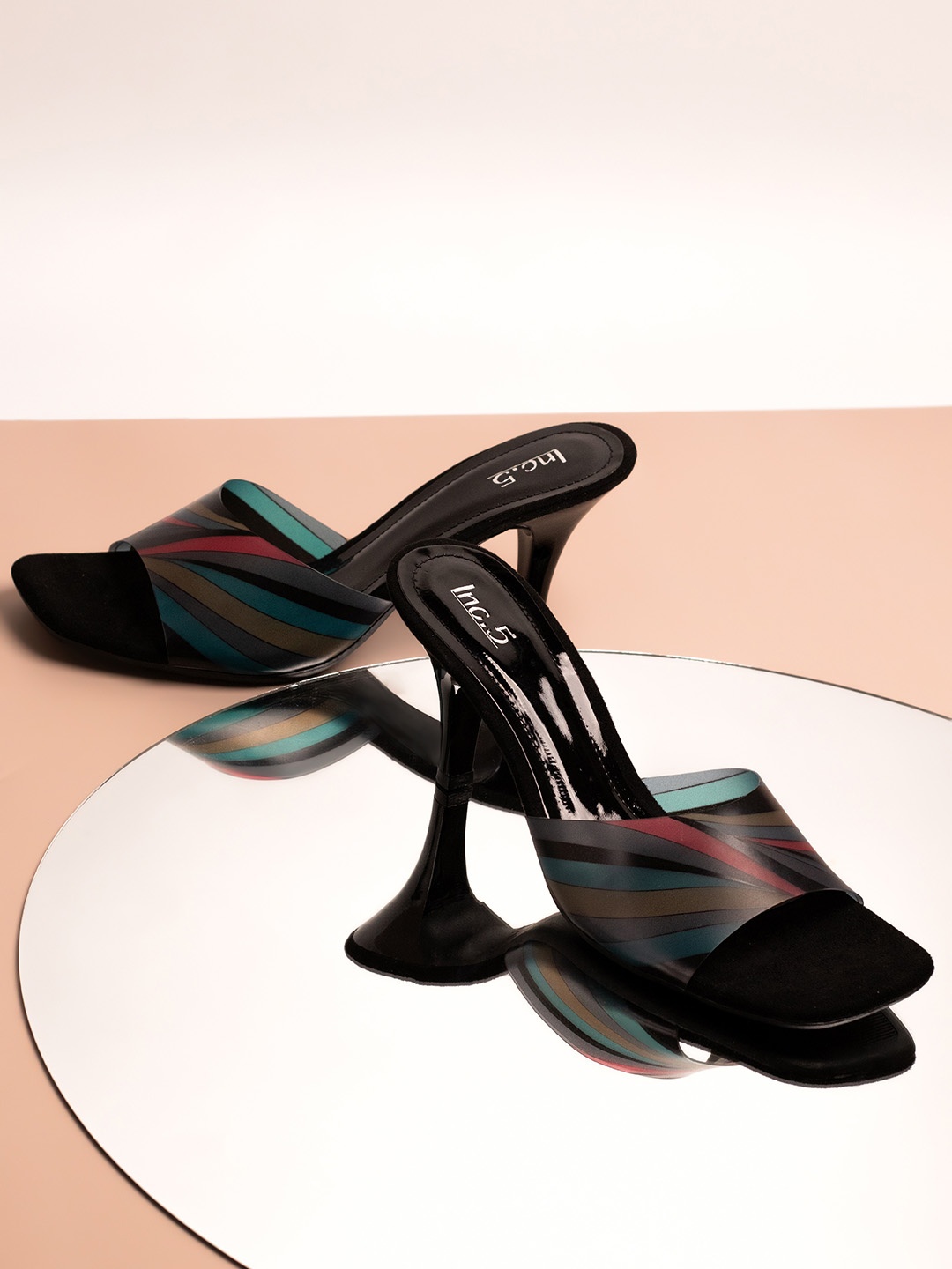 

Inc 5 Women Printed Open Toe Slim Heel Sandals, Black