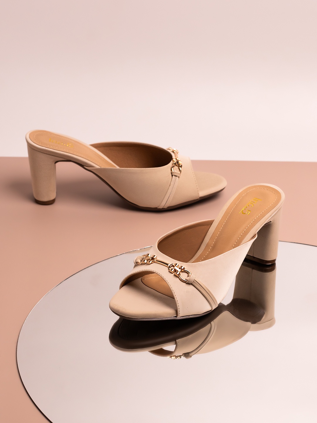 

Inc 5 Textured Buckle Detailed Open Toe Block Heels, Cream