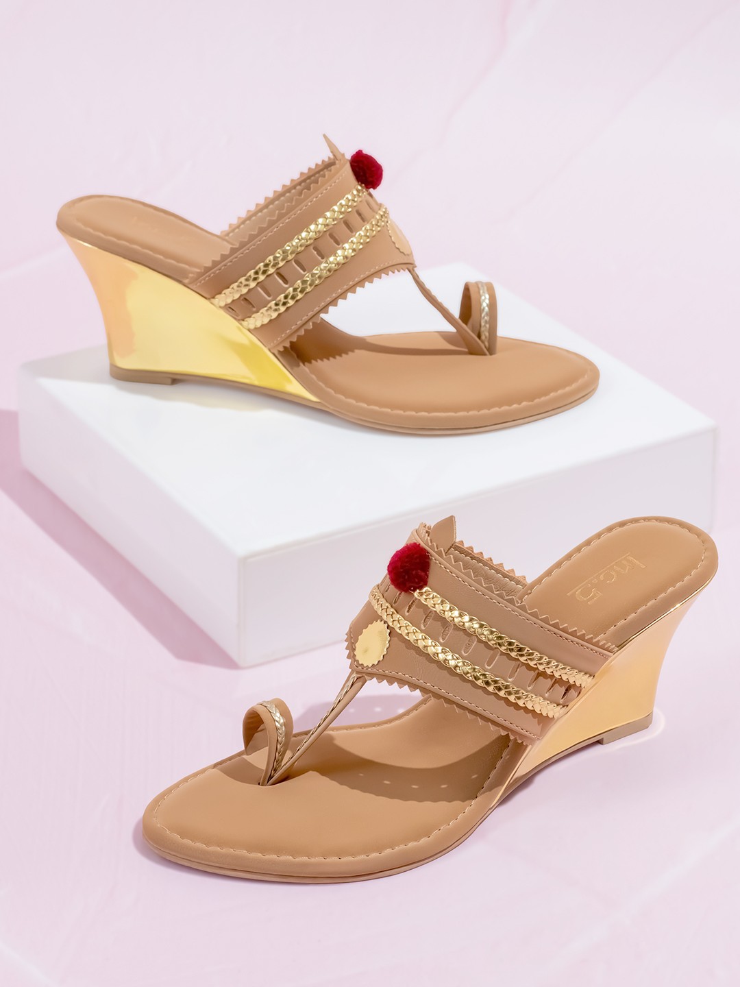 

Inc 5 Women Textured One Toe Kolhapuri Wedge Heel Sandals, Beige