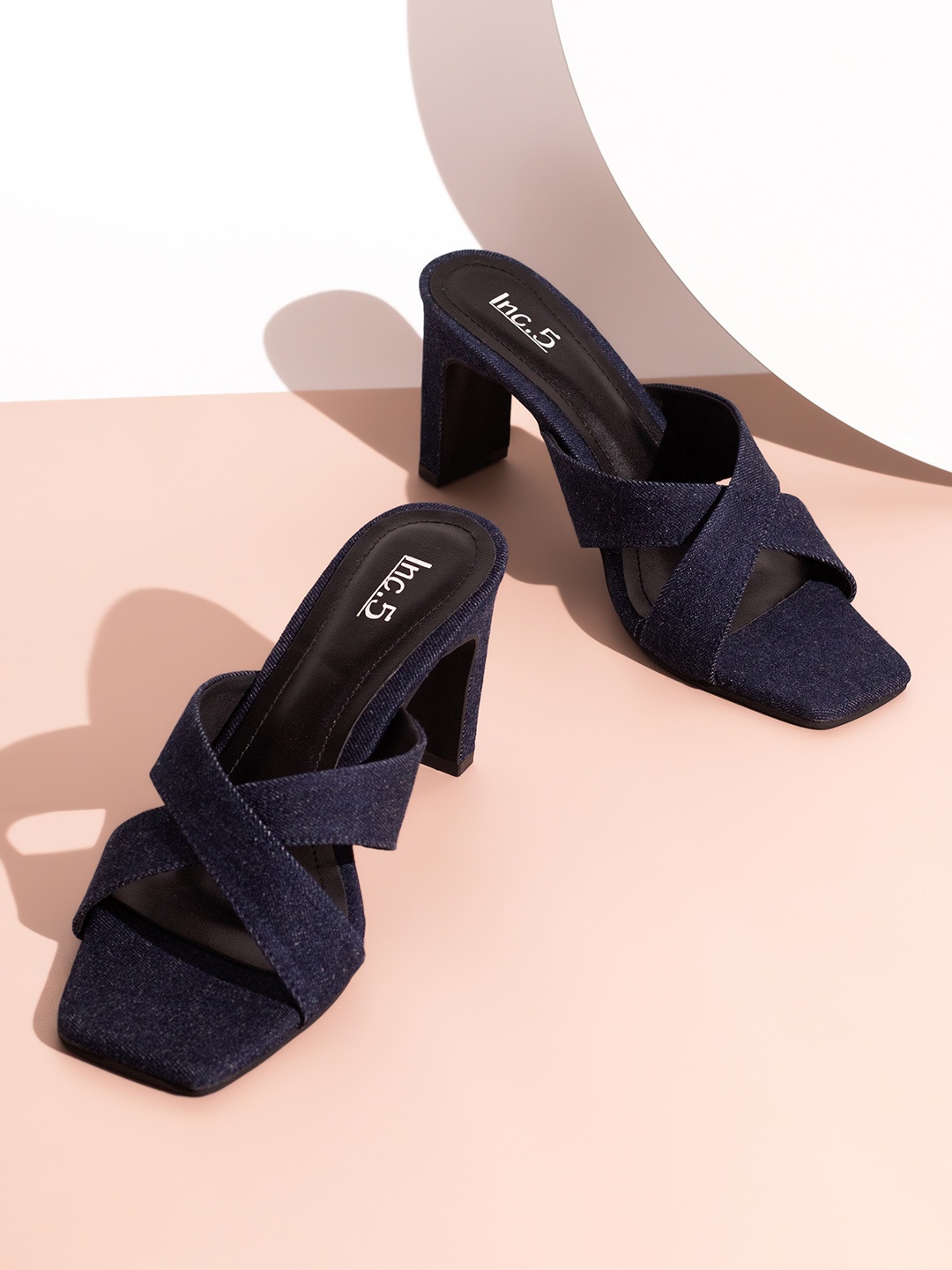 

Inc 5 Women Open Toe Denim Criss-Cross Strap Block Heel Sandals, Navy blue