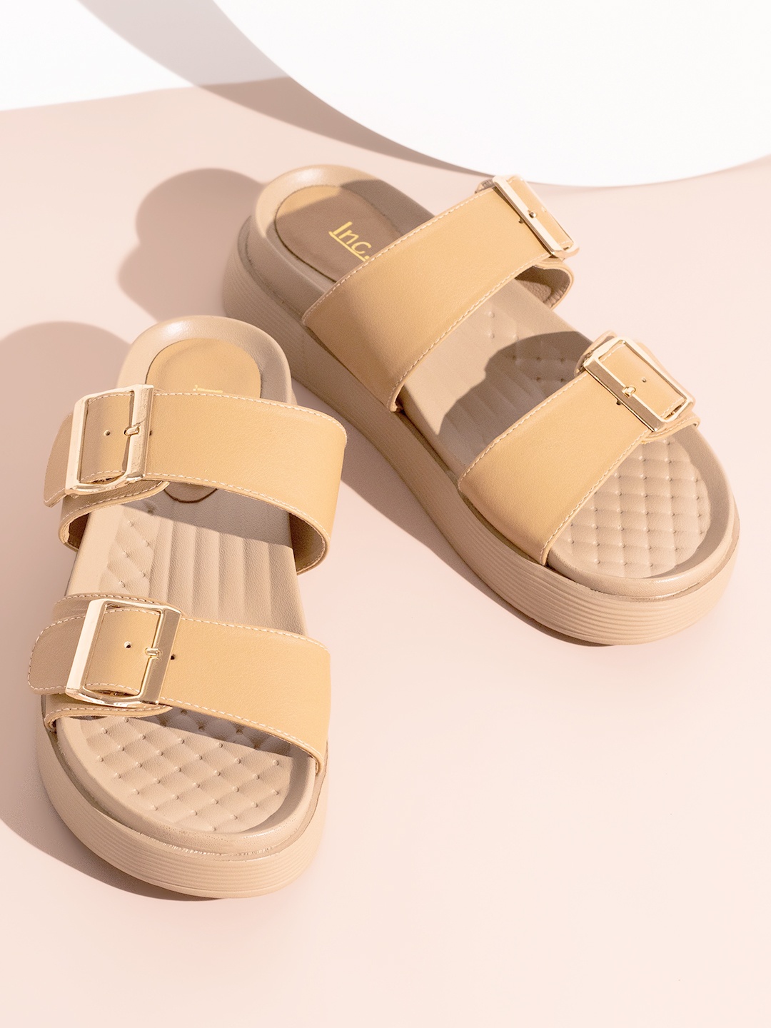 

Inc 5 Open Toe Buckles Detail Comfort Heels Sandal, Beige