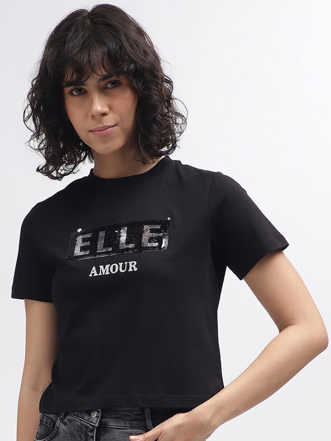 

ELLE Women Typography Applique T-shirt, Black