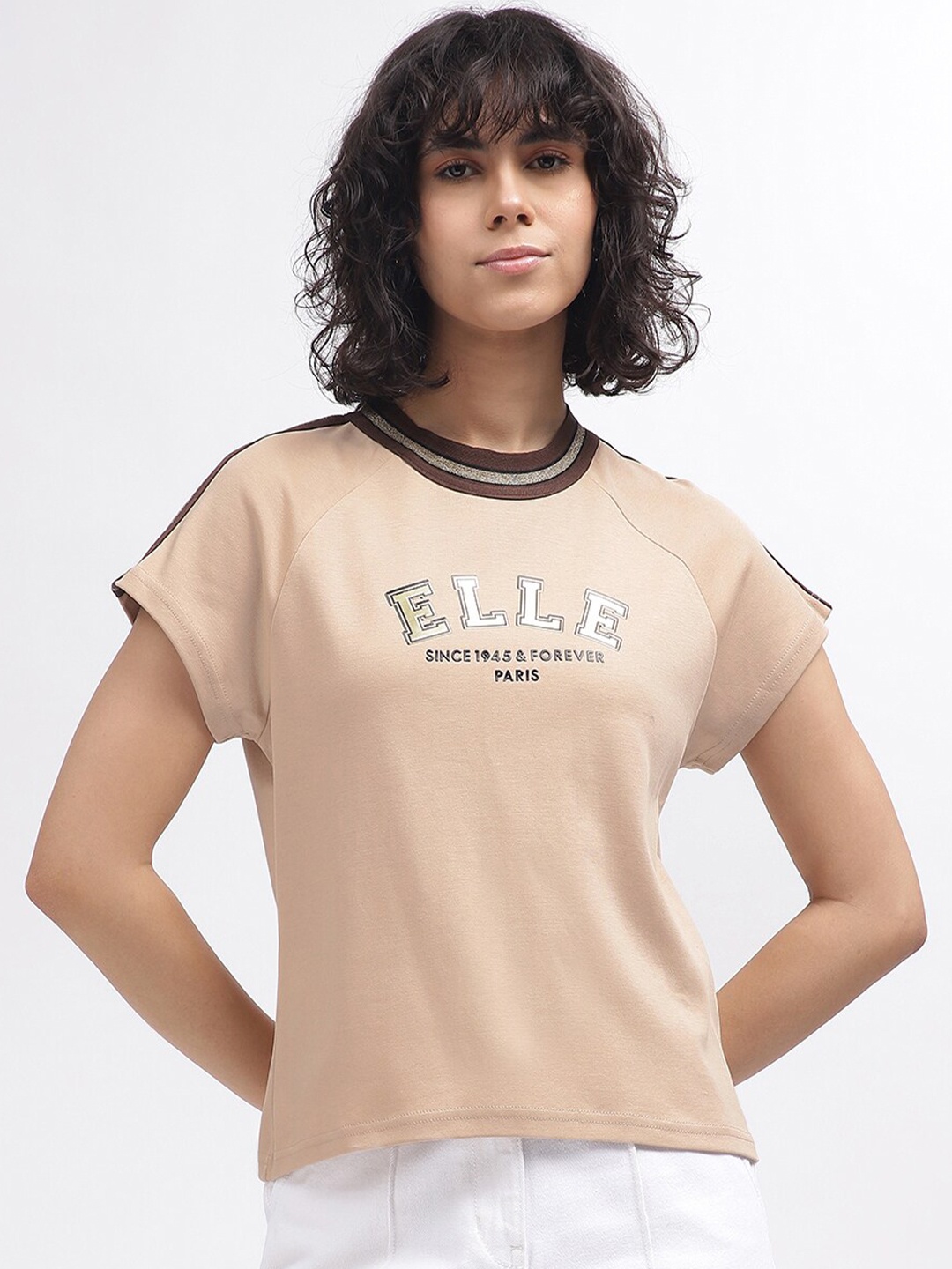 

ELLE Women V-Neck Extended Sleeves T-shirt, Beige