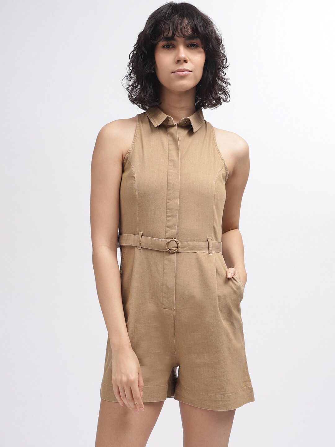 

ELLE Shirt Collar Pure Cotton Playsuit, Beige