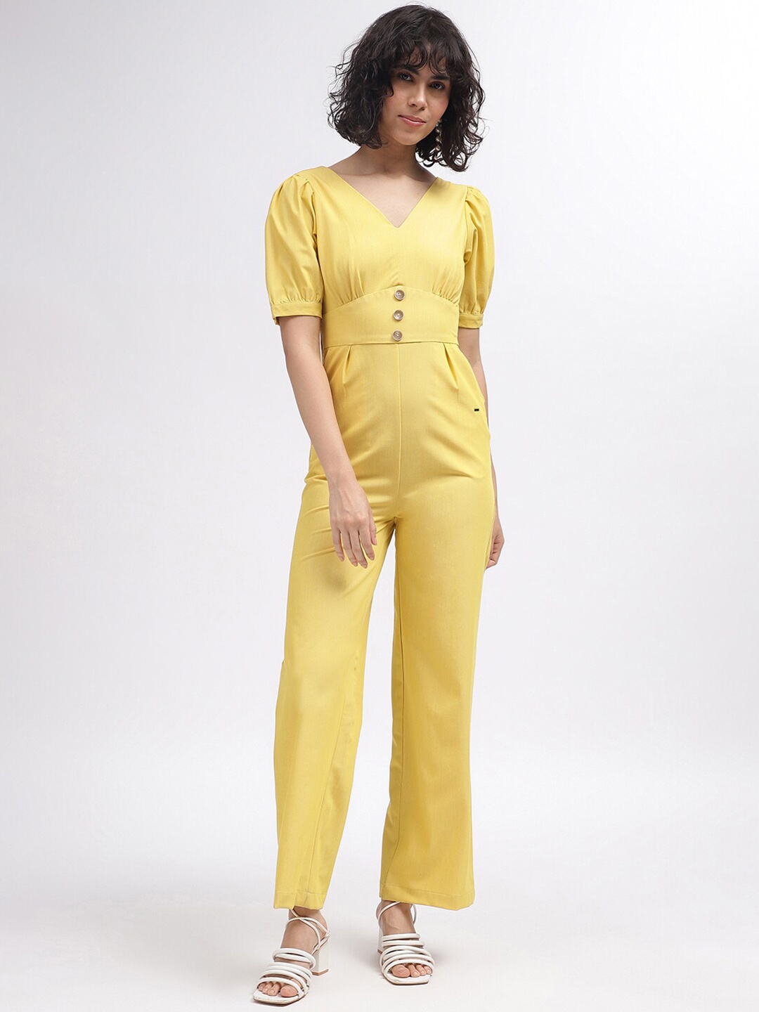 

ELLE V-Neck Puff Sleeves Basic Jumpsuit, Yellow