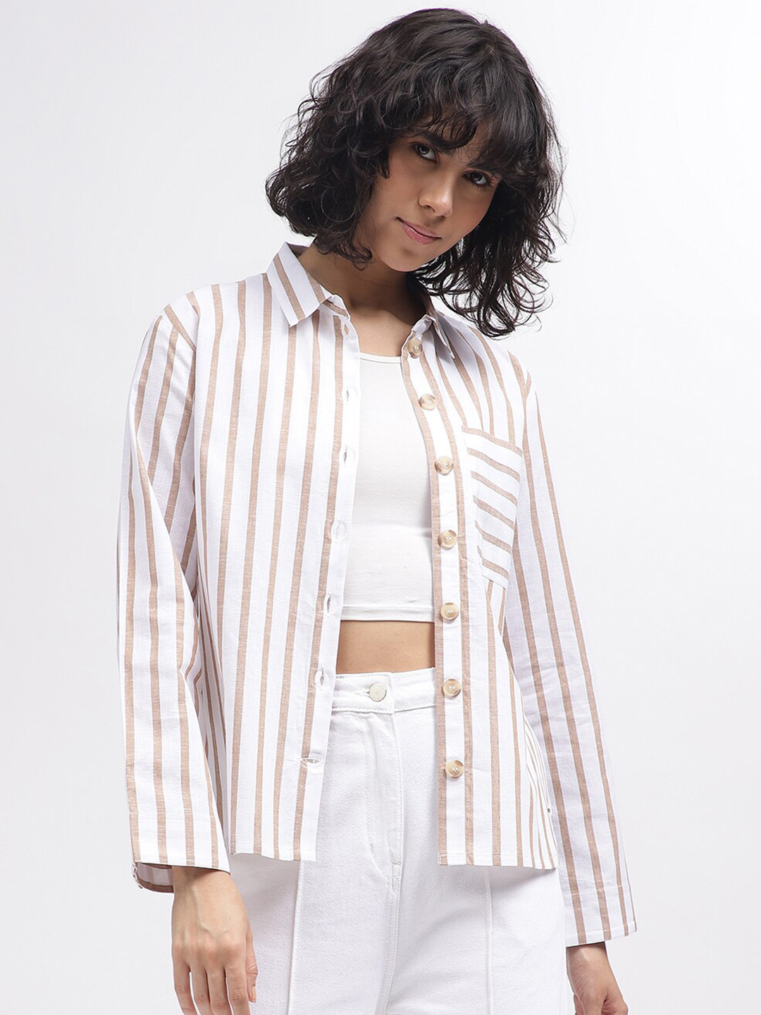 

ELLE Women Opaque Striped Casual Shirt, White