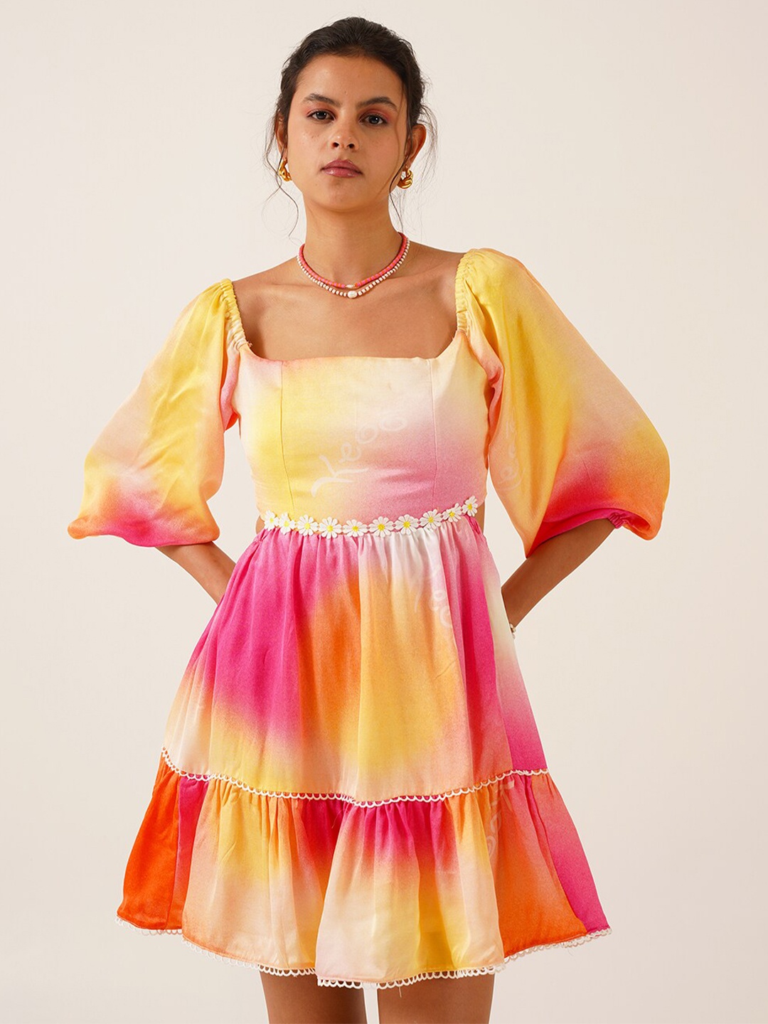 

KEOO Puff Sleeve A-Line Dress, Pink