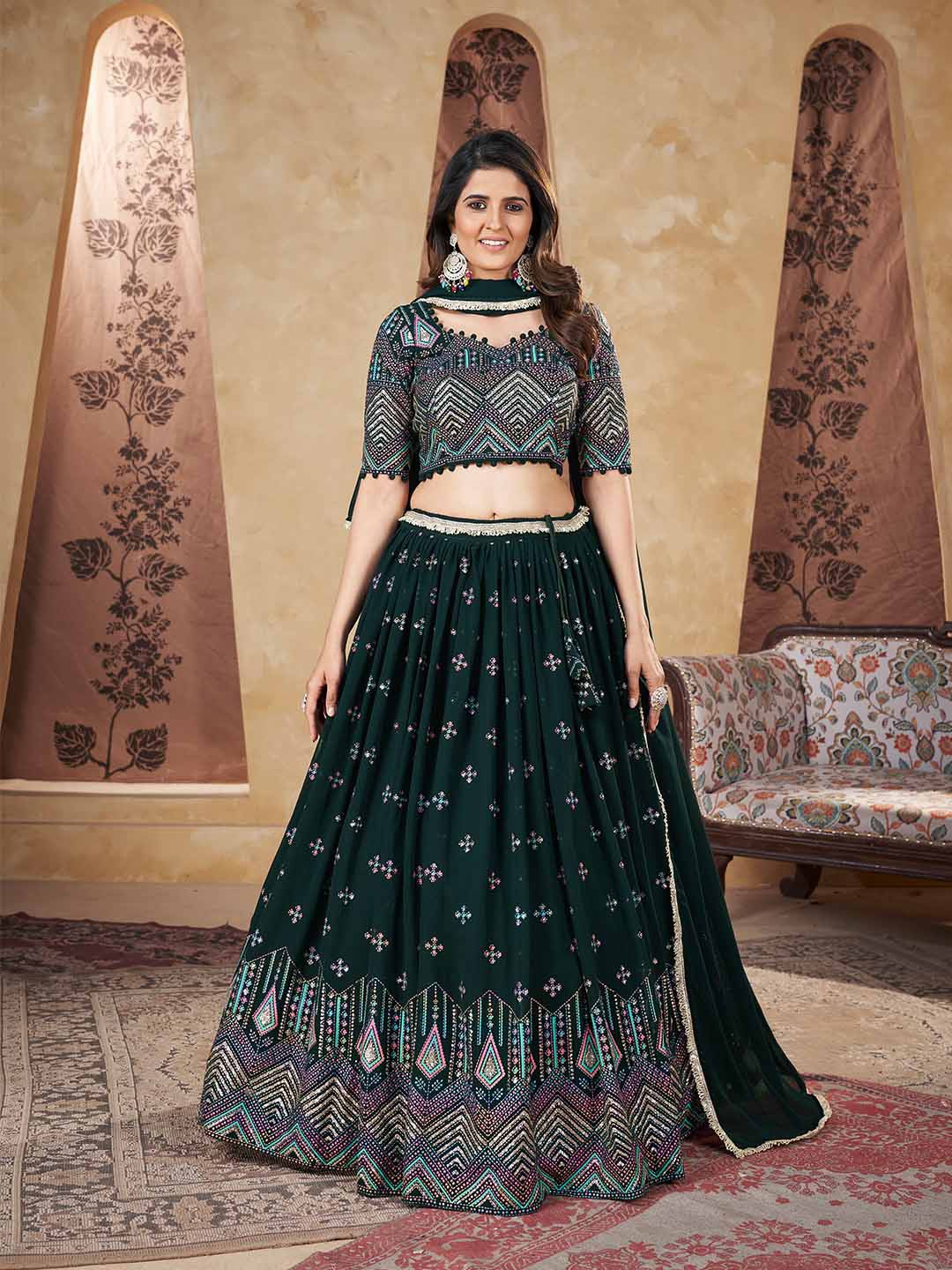 

SHUBHKALA Embroidered Thread Work Semi-Stitched Lehenga & Unstitched Blouse With Dupatta, Green