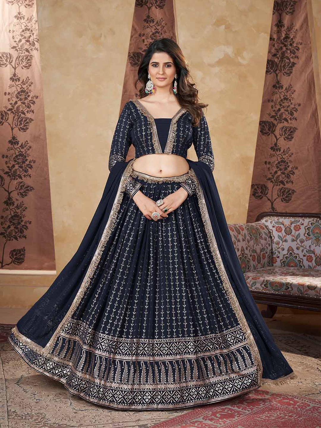 

SHUBHKALA Embroidered Foil Print Semi-Stitched Lehenga & Unstitched Blouse With Dupatta, Navy blue