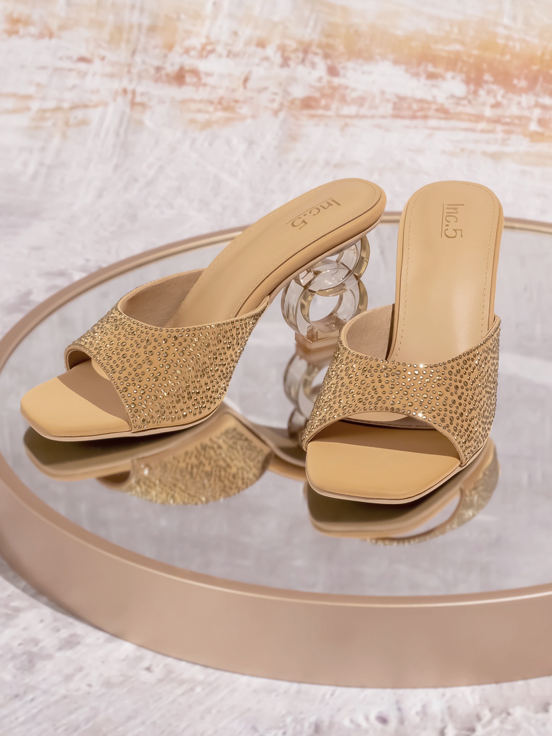 

Inc 5 Embellished Open Toe Block Heels Sandal, Beige