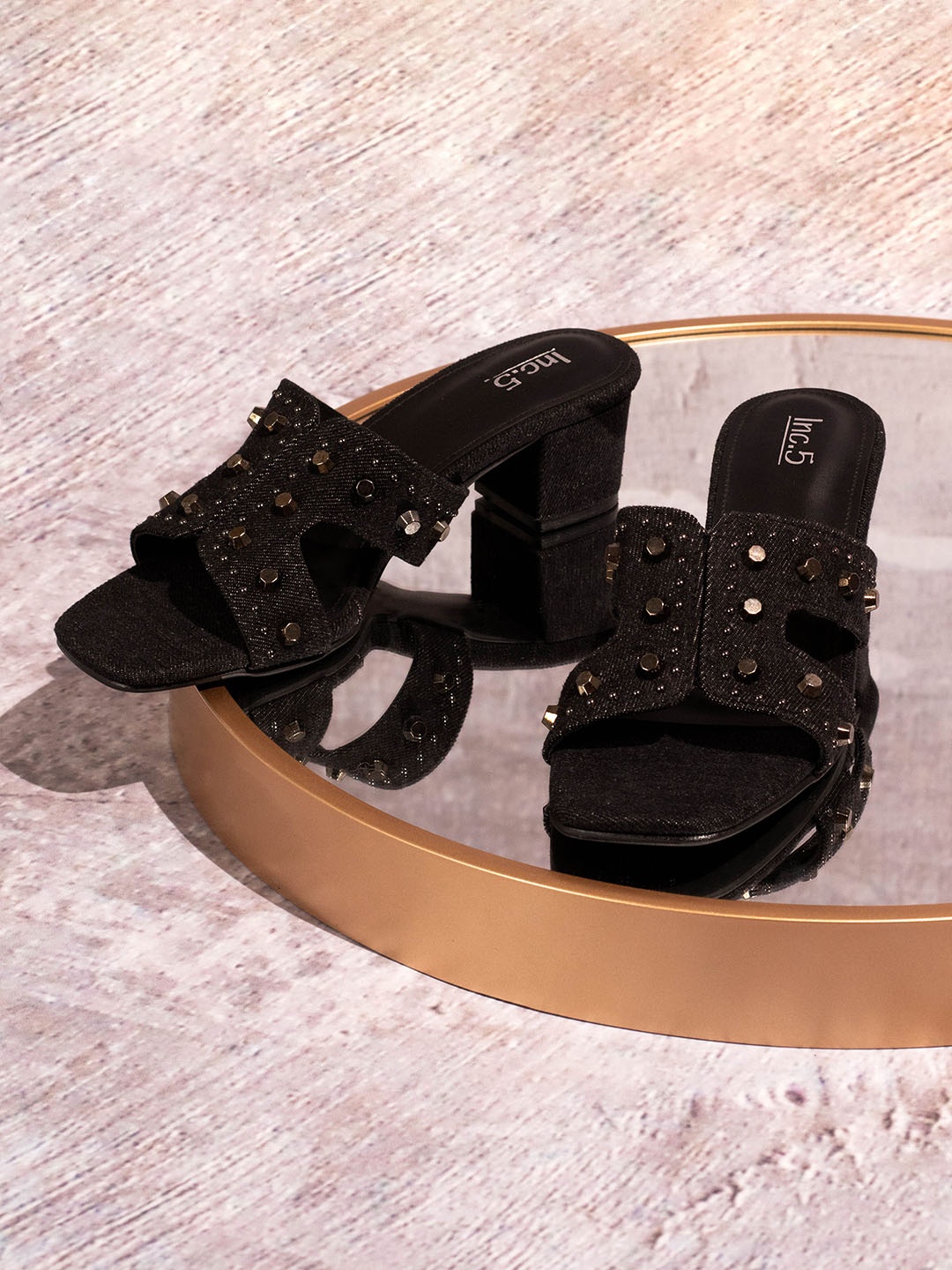 

Inc 5 Women Embellished Open Toe Block Sandals, Black