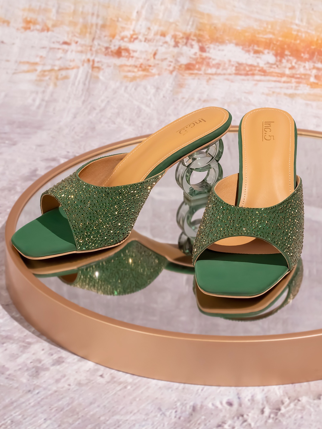 

Inc 5 Women Embellished Open Toe Block Heel Sandals, Green