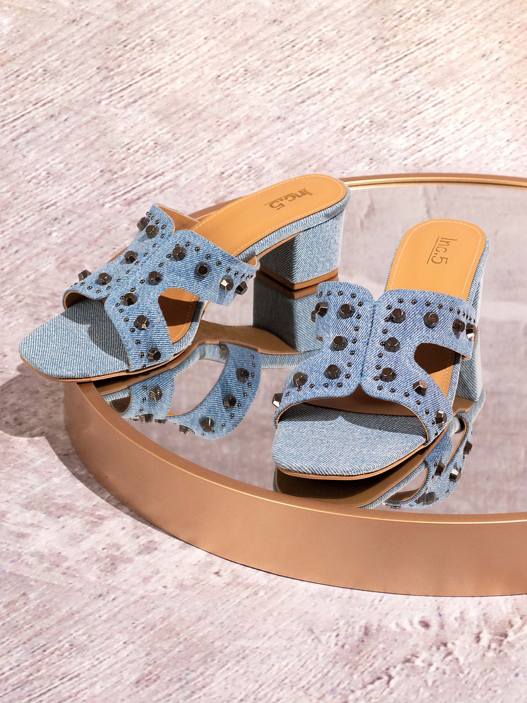 

Inc 5 Embellished Open Toe Denim Block Heels Sandal, Blue