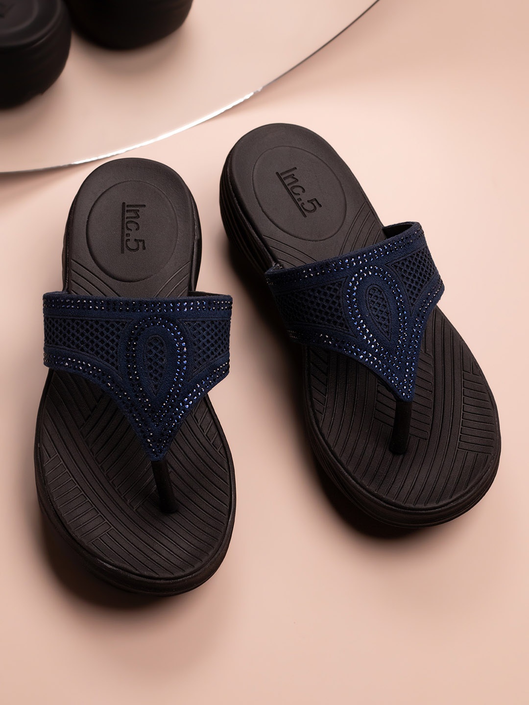 

Inc 5 Embellished Open Toe Comfort Heels, Navy blue