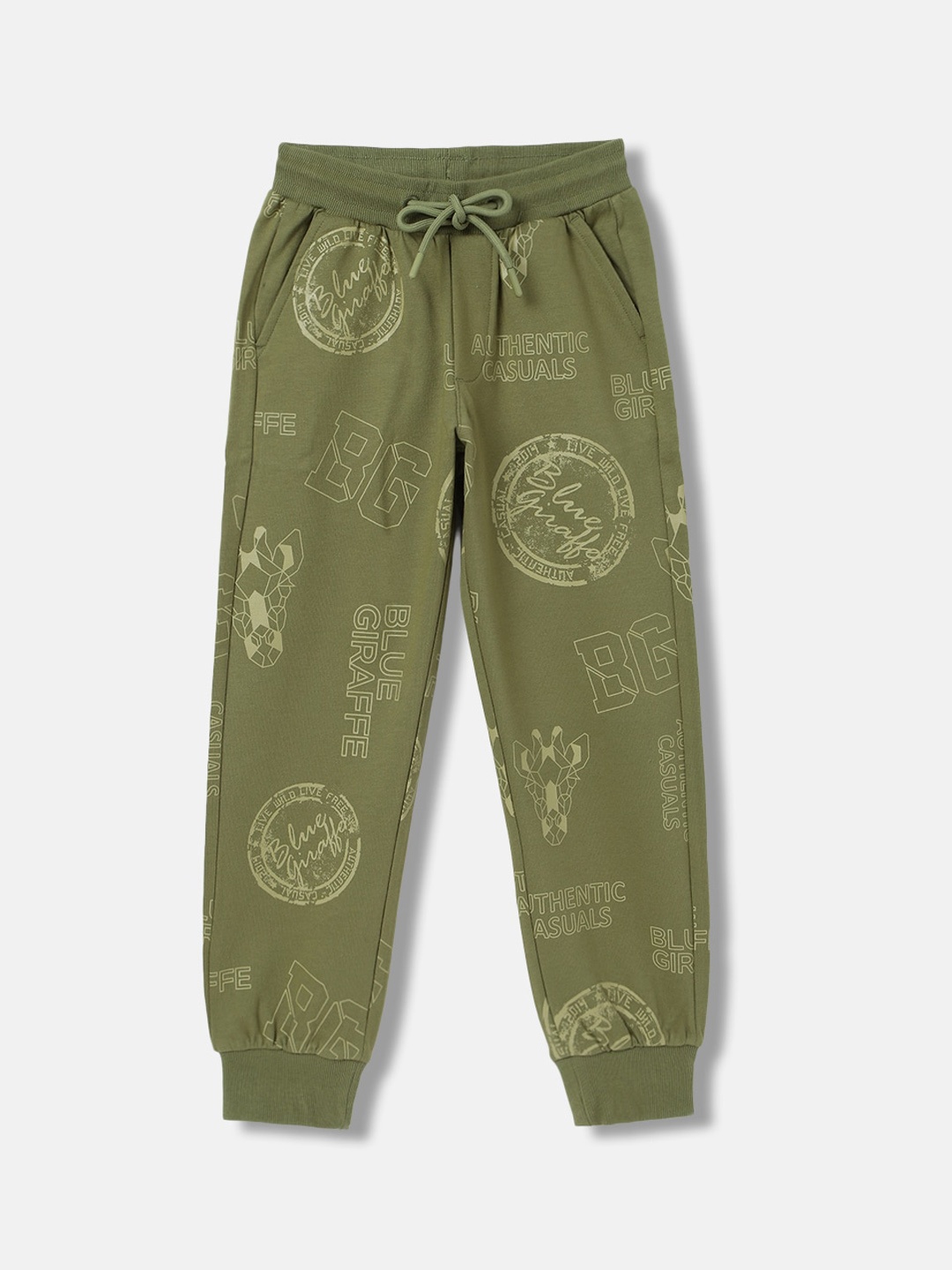 

Blue Giraffe Boys Typography Printed Pure Cotton Joggers, Olive