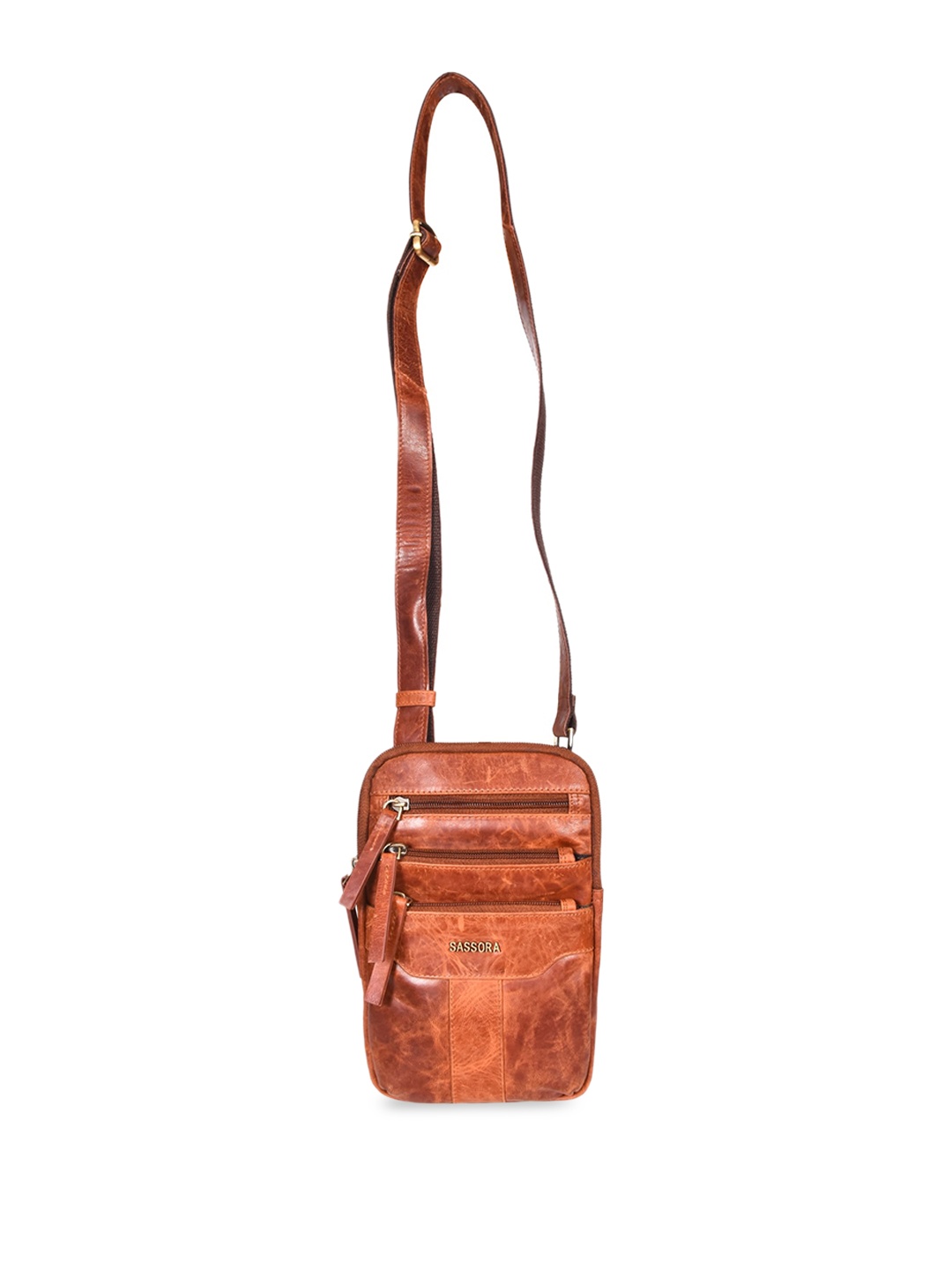 

Sassora Unisex Textured Leather Structured Sling Bag, Tan