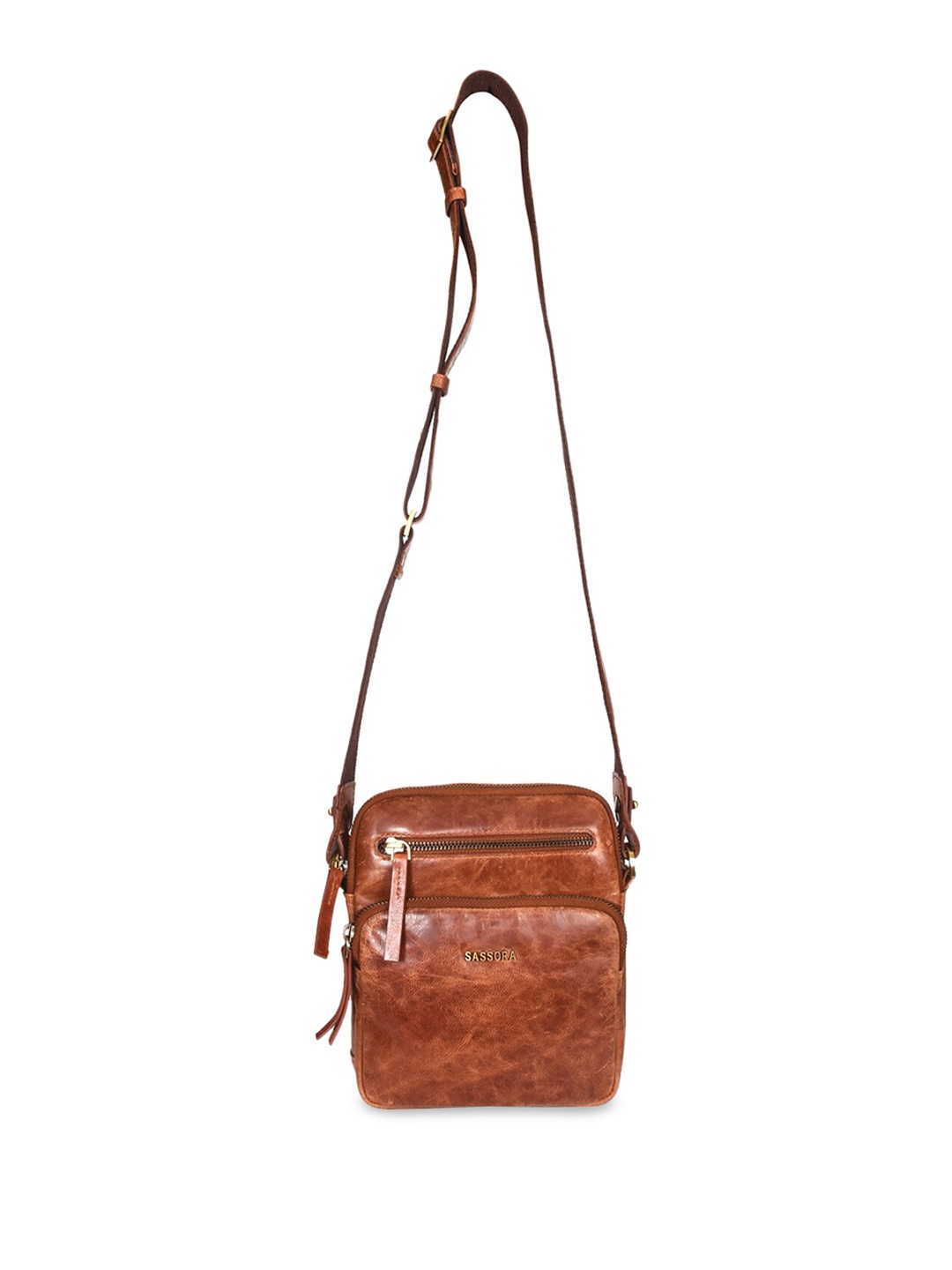 

Sassora Leather Structured Sling Bag with Applique, Tan
