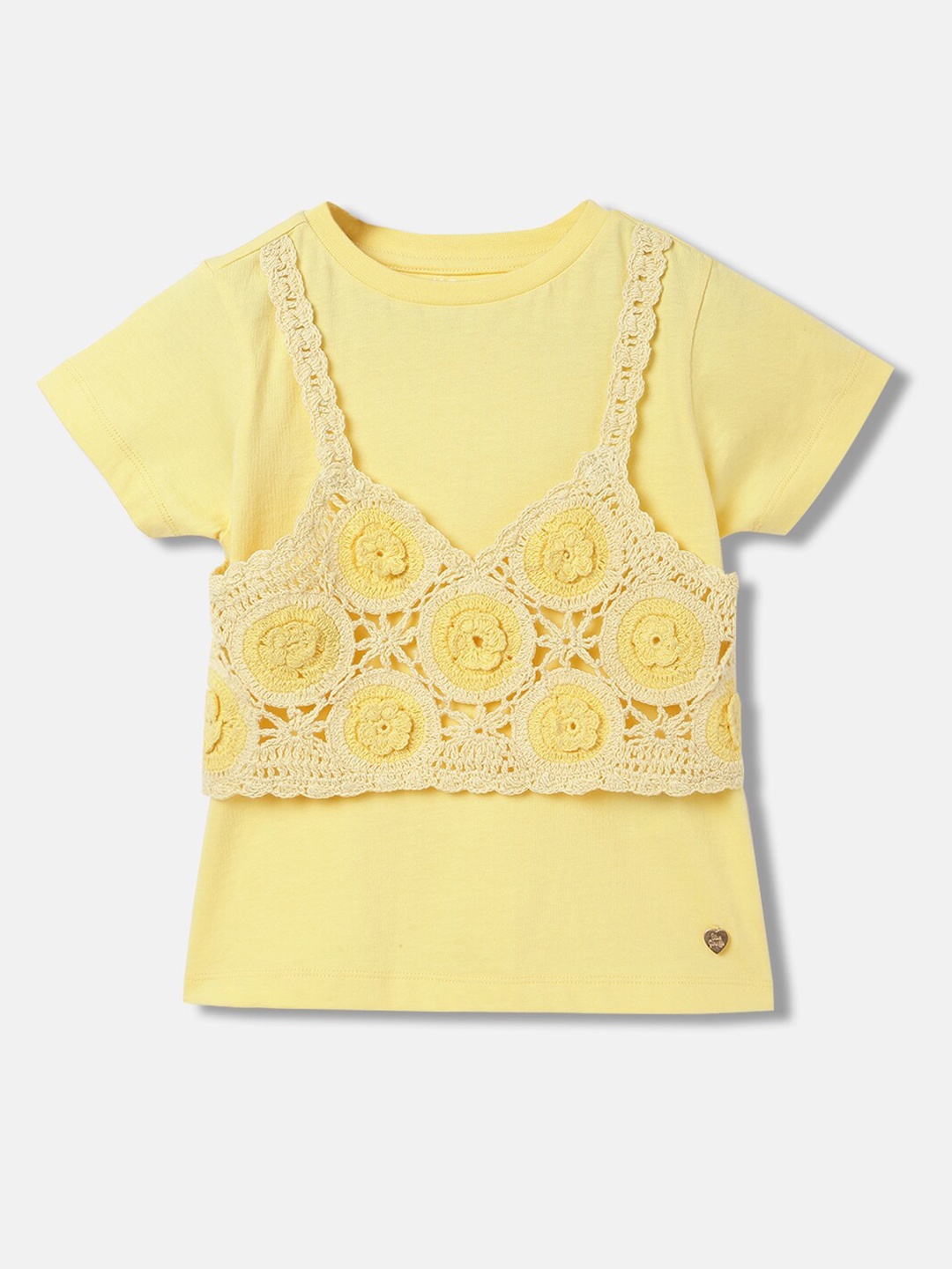 

Blue Giraffe Girls Printed V-Neck Ethnic Raw Edge T-shirt, Yellow