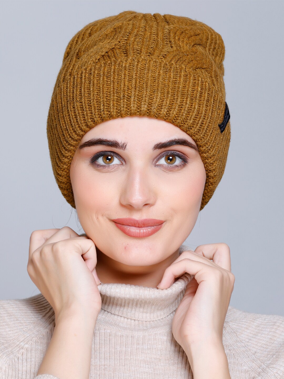 

513 Women Self Design Acrylic Beanie, Mustard