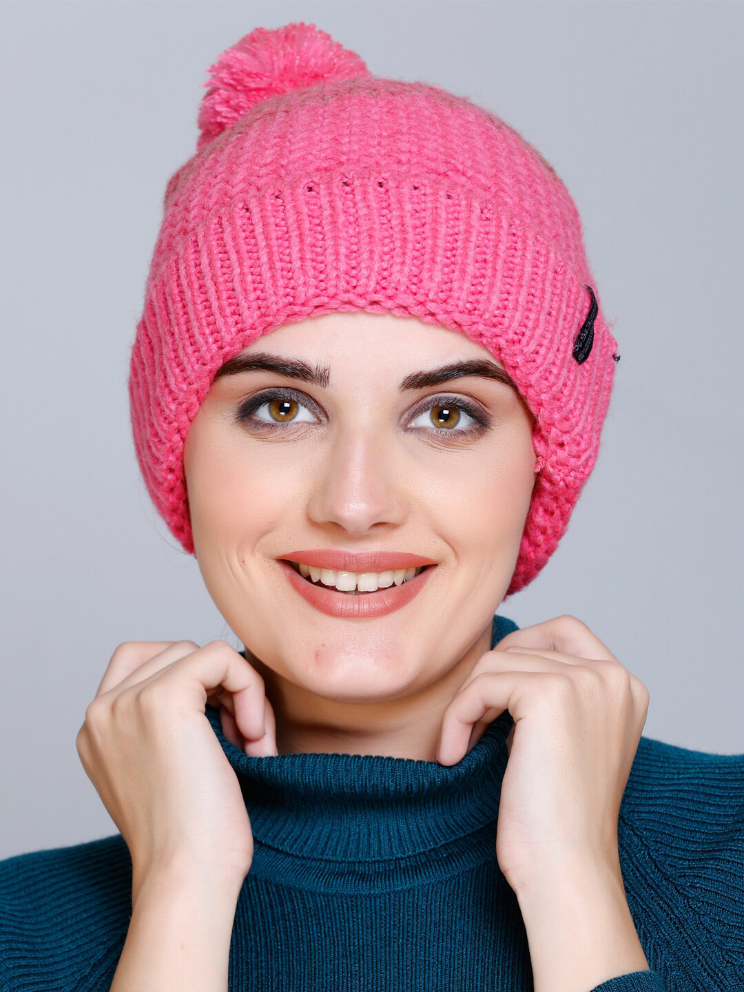 

513 Women Self Design Acrylic Beanie, Pink