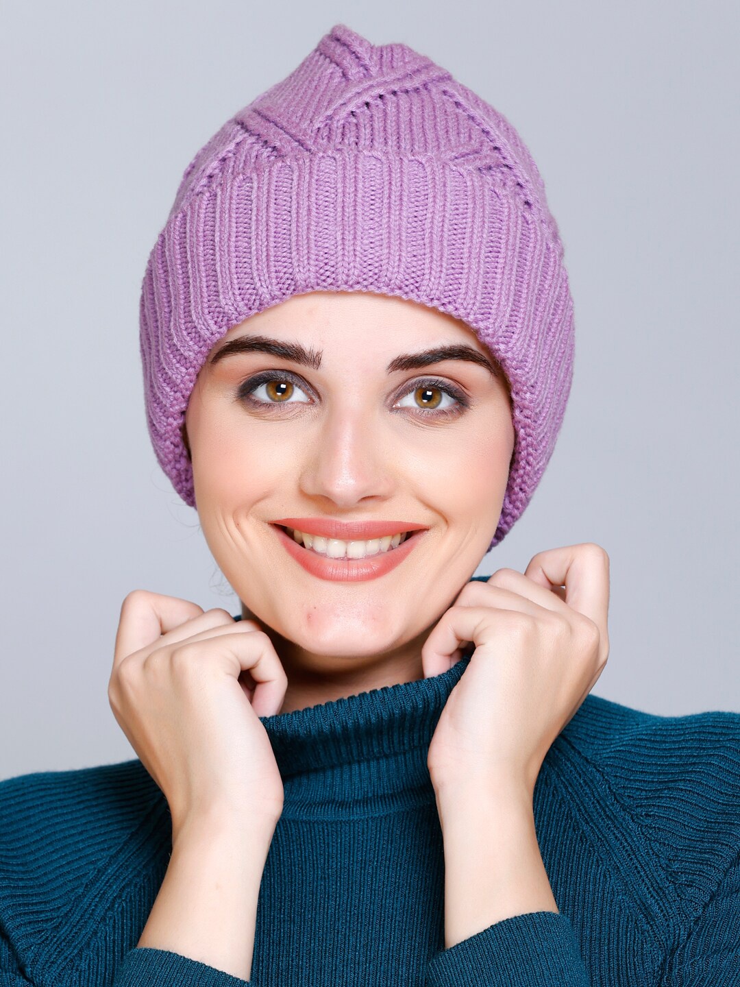 

513 Women Self Design Acrylic Beanie, Purple
