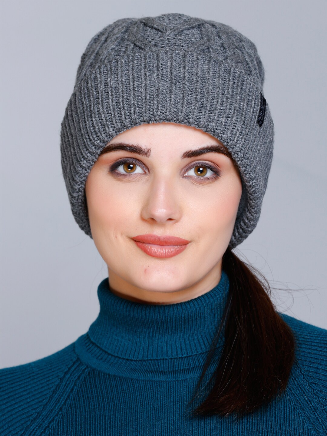 

513 Women Self Design Acrylic Beanie, Grey