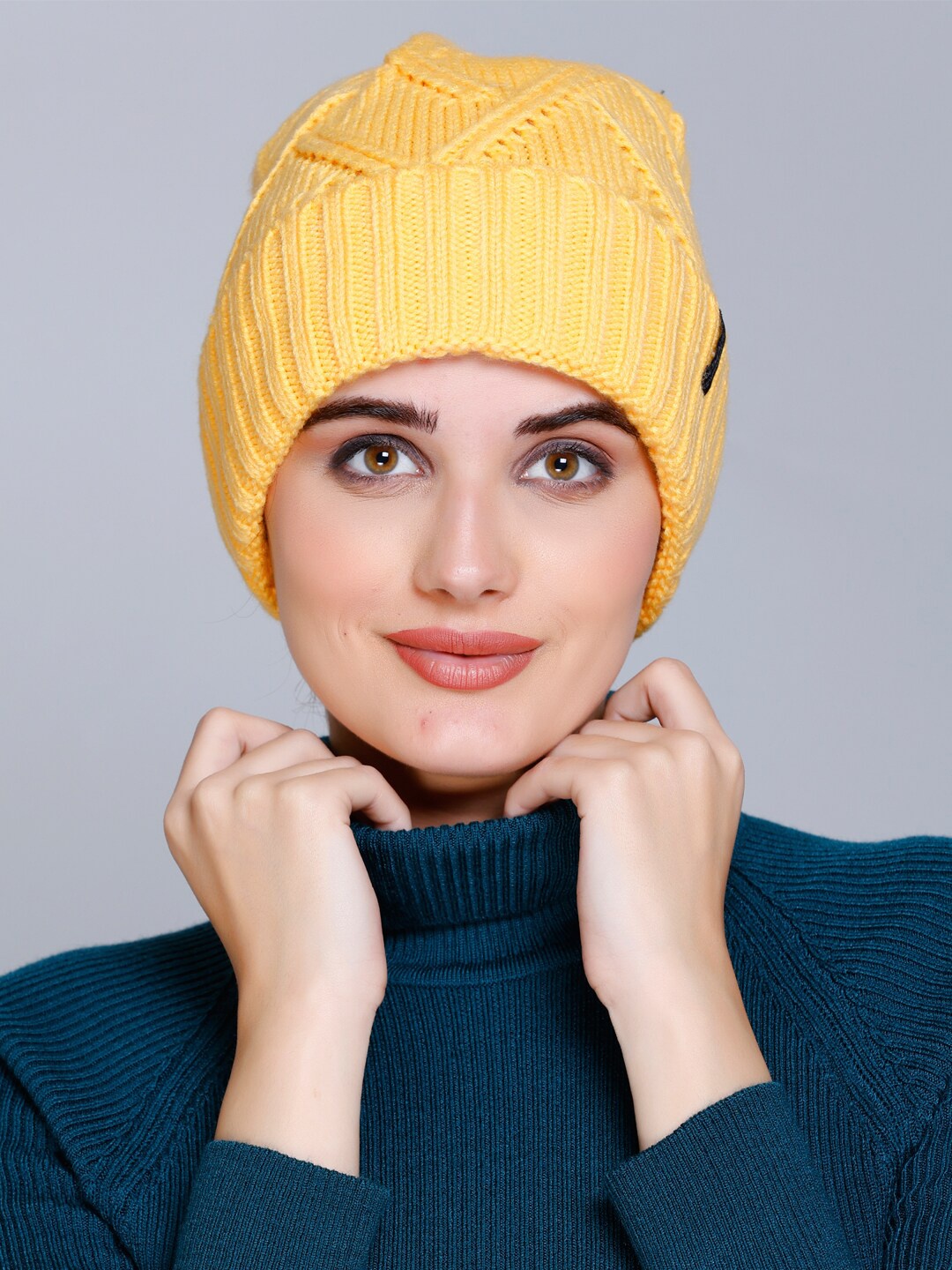 

513 Women Self Design Acrylic Beanie, Yellow