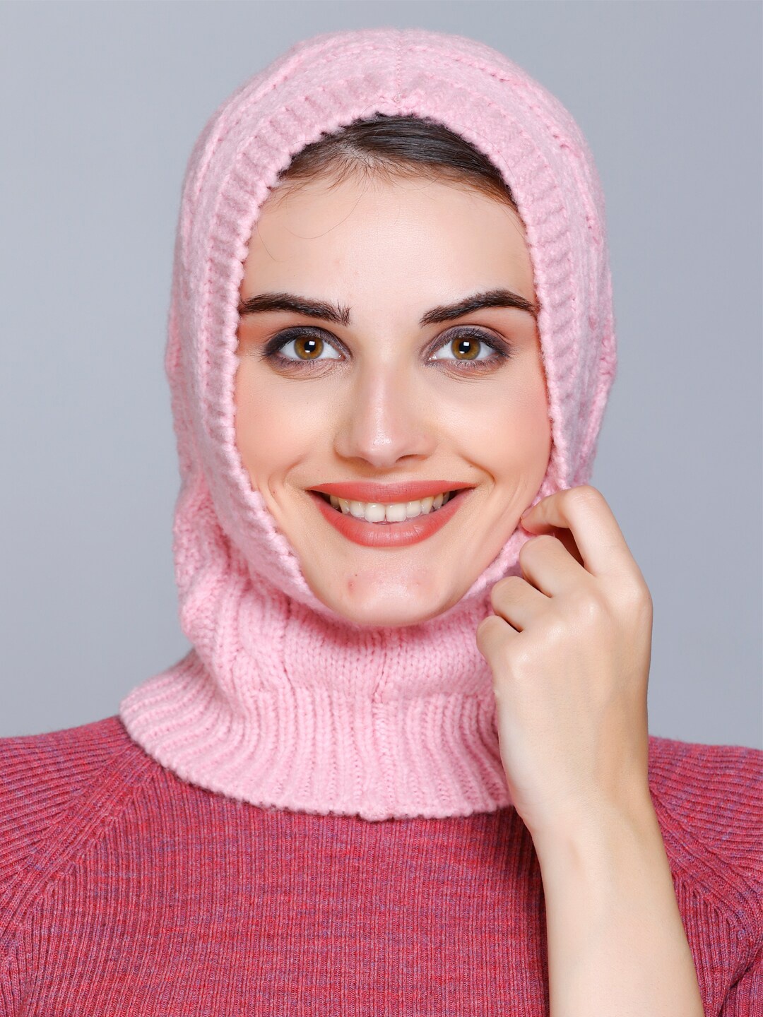 

513 Women Self Design Acrylic Balaclava, Pink