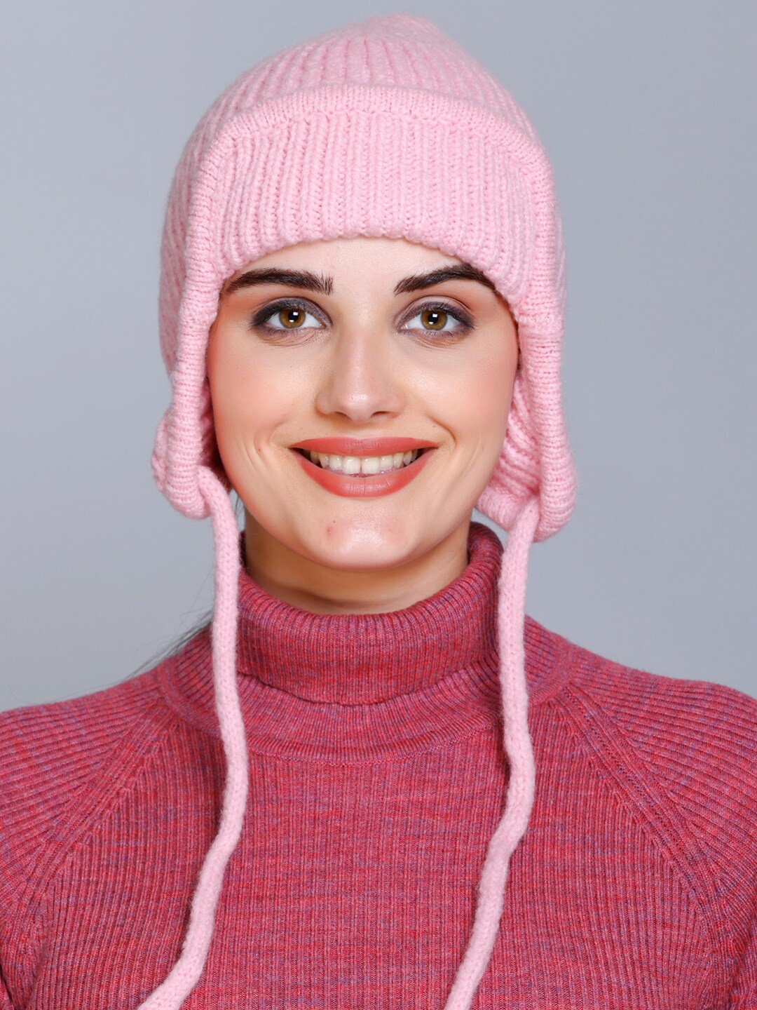 

513 Women Self Design Acrylic Beanie, Pink