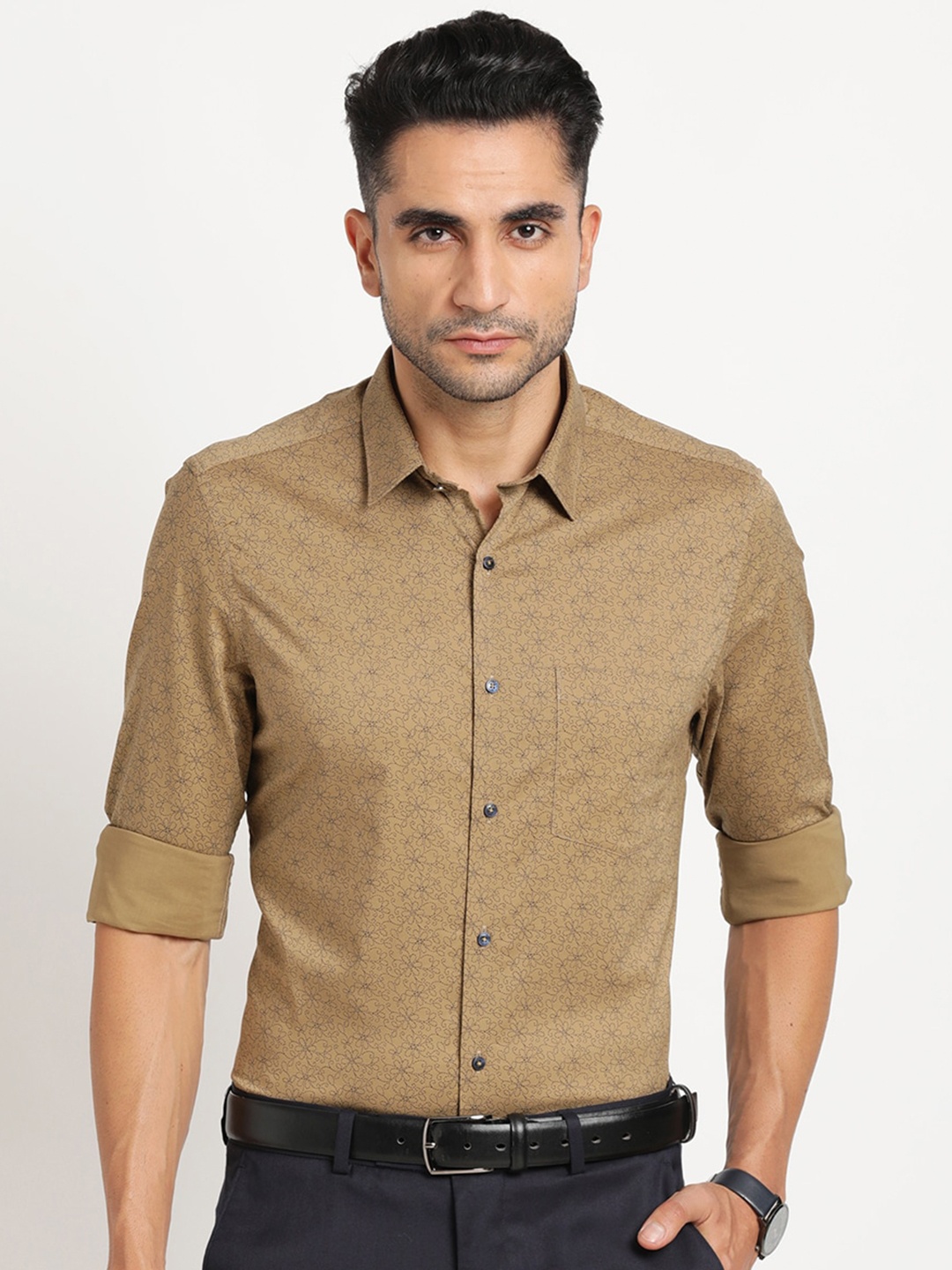 

Turtle Men Classic Slim Fit Opaque Printed Shirt, Khaki