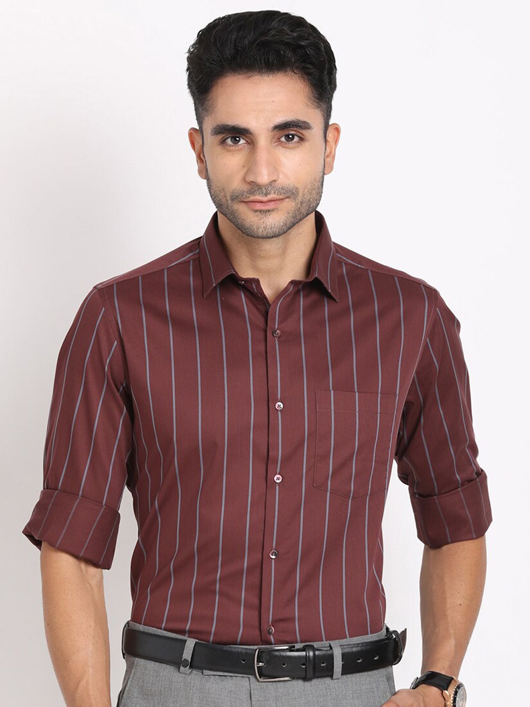 

Turtle Men Classic Slim Fit Opaque Striped Formal Shirt, Maroon