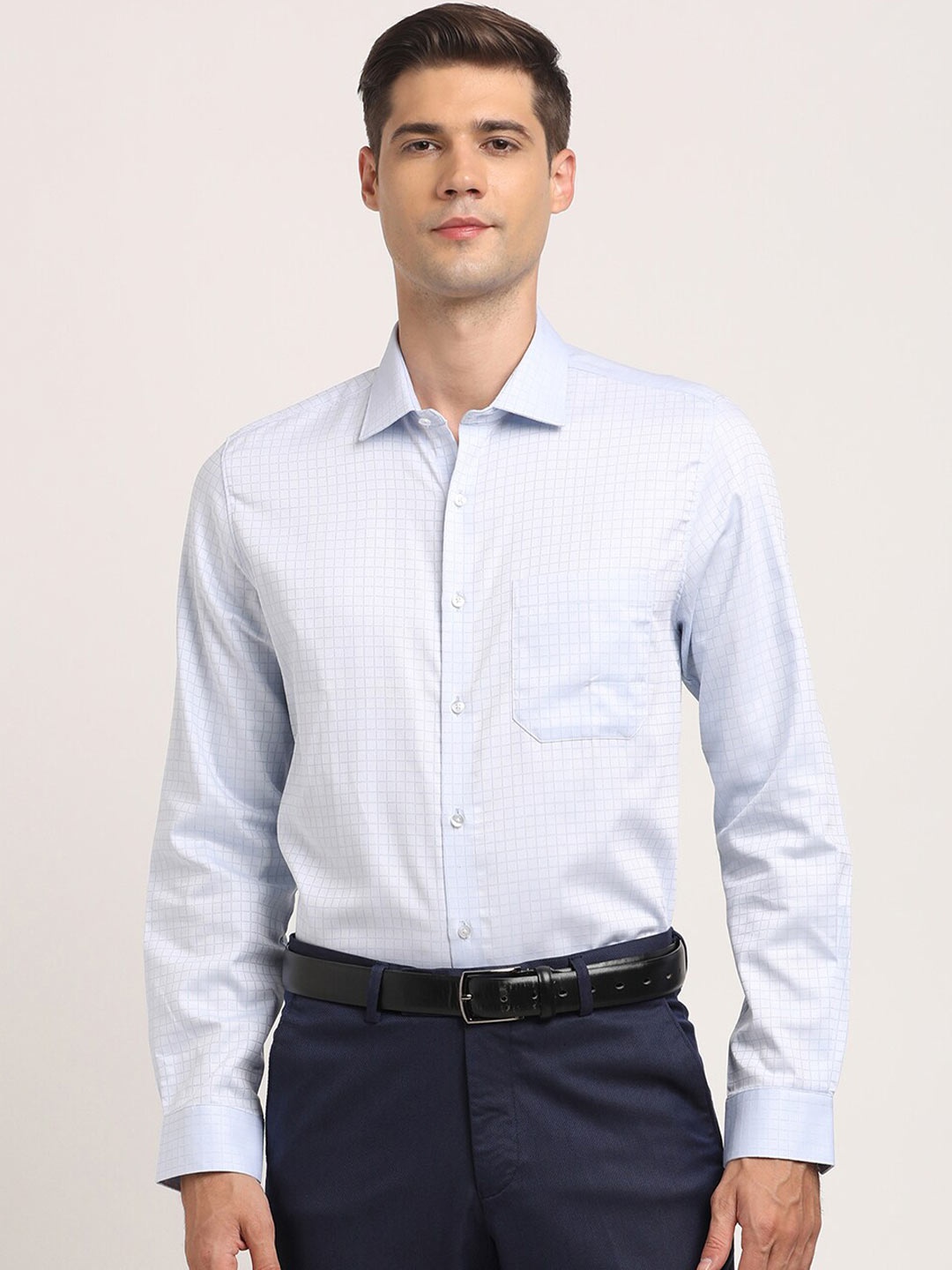 

Turtle Men Classic Slim Fit Opaque Checked Formal Shirt, Blue