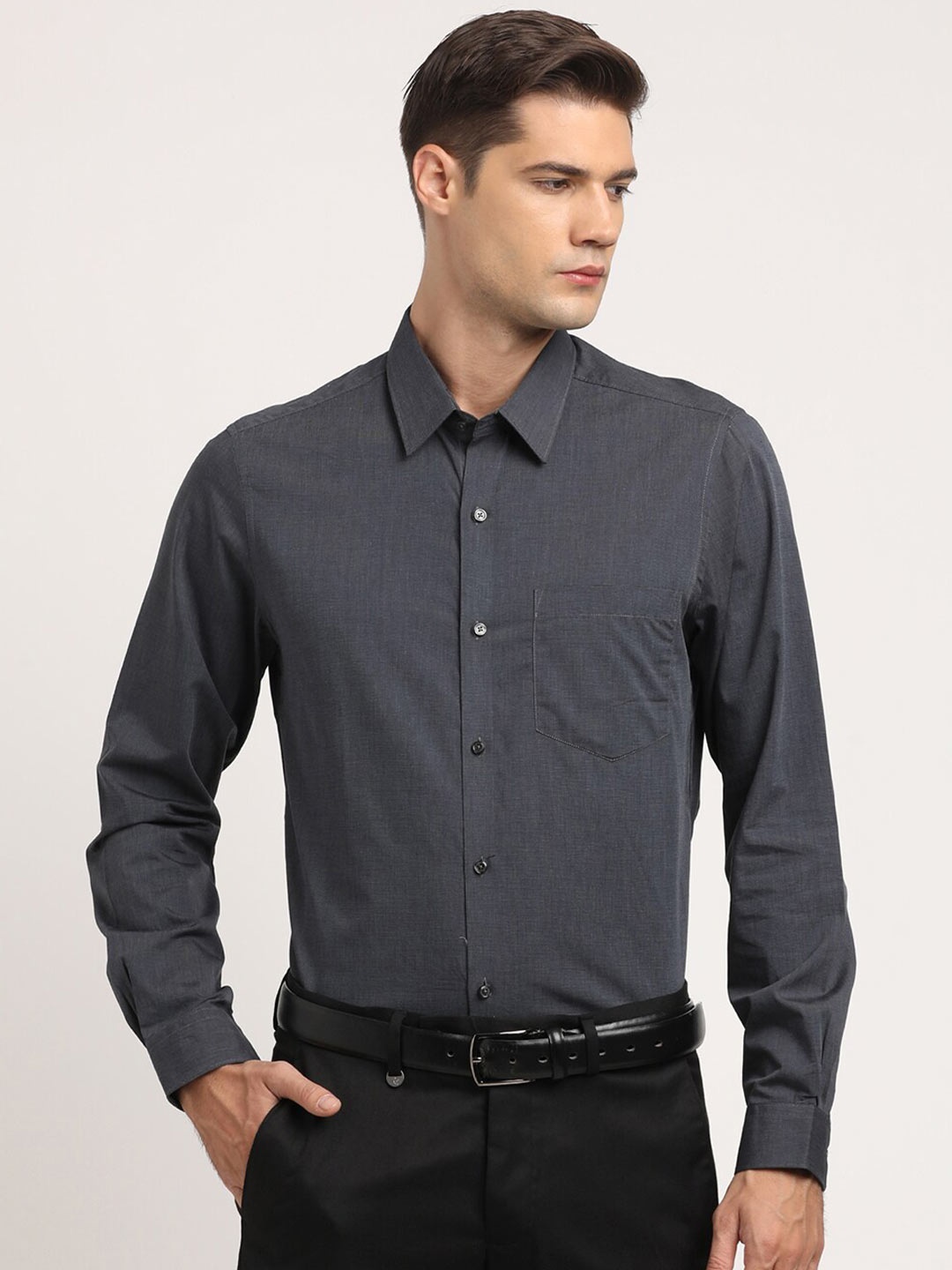 

Turtle Men Classic Slim Fit Opaque Printed Formal Shirt, Grey