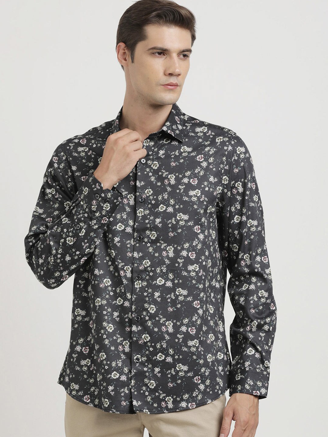 

Turtle Men Classic Slim Fit Floral Opaque Printed Party Shirt, Grey