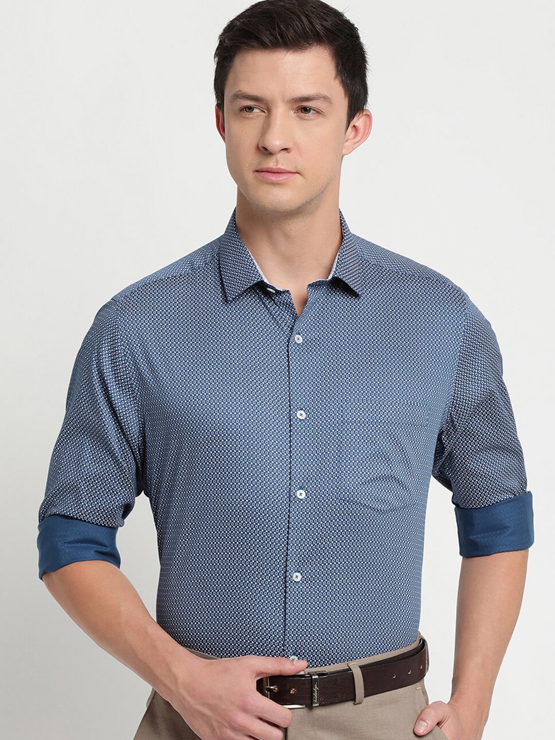 

Turtle Men Classic Slim Fit Opaque Printed Formal Shirt, Blue