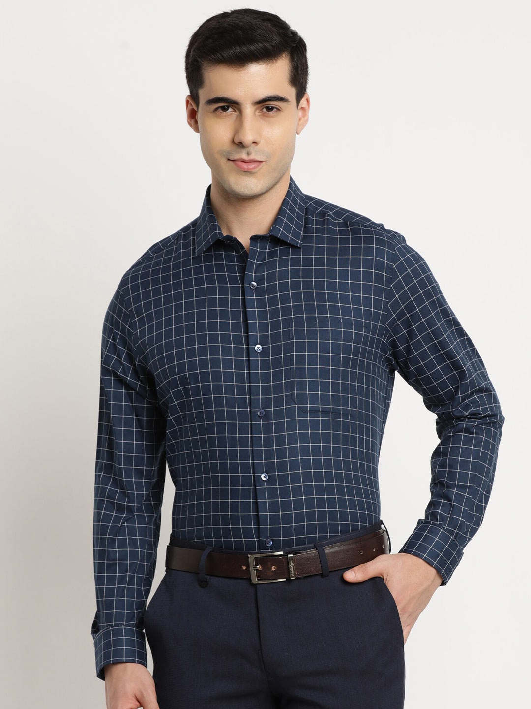 

Turtle Men Classic Slim Fit Grid Tattersall Checks Opaque Checked Formal Shirt, Navy blue