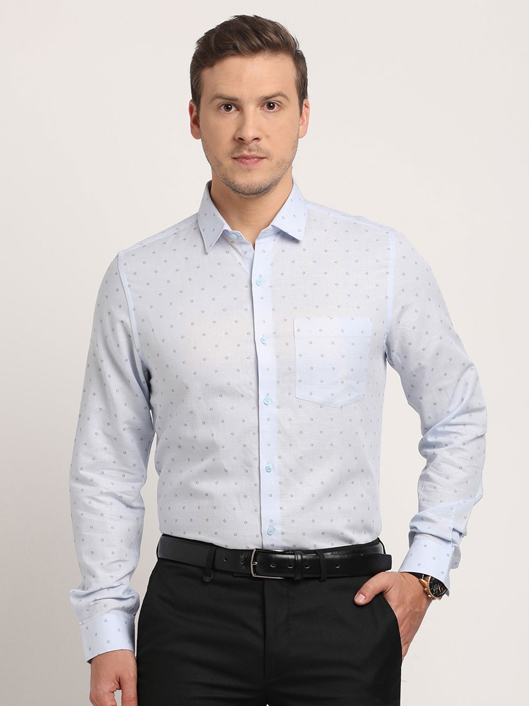 Turtle Men Classic Slim Fit Floral Opaque Printed Formal Shirt, Blue