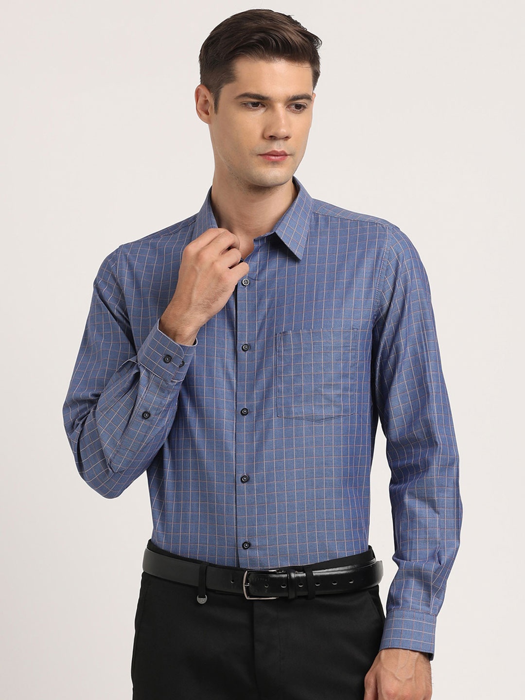 

Turtle Men Classic Slim Fit Grid Tattersall Checks Opaque Checked Formal Shirt, Blue