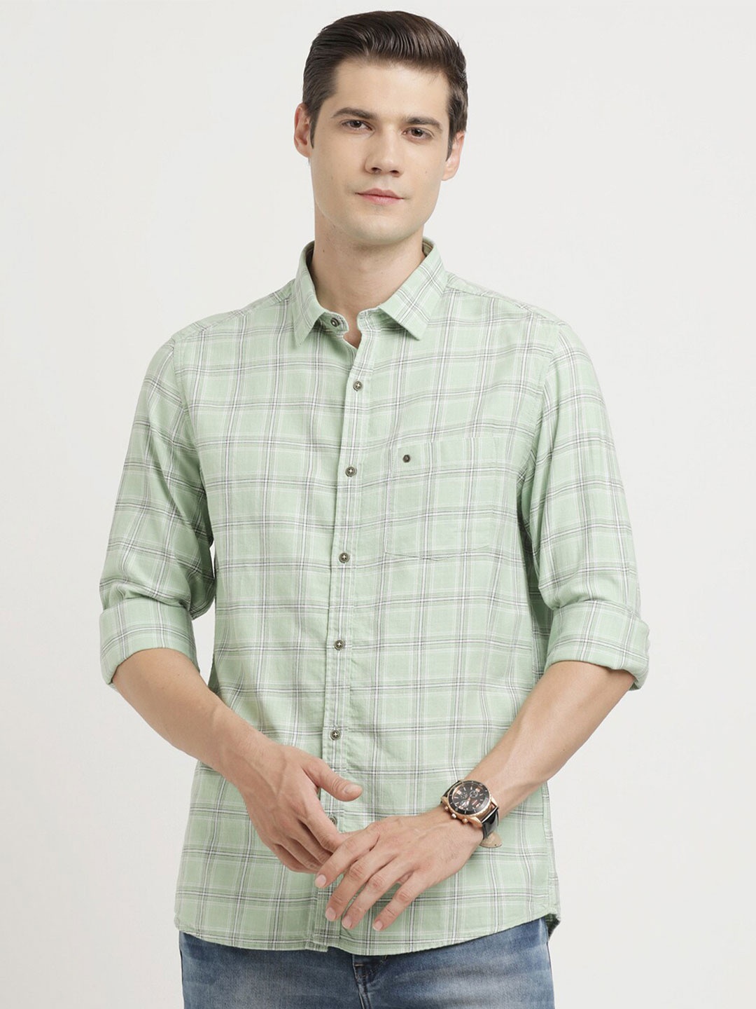 

Turtle Men Relaxed Slim Fit Opaque Checked Casual Shirt, Green