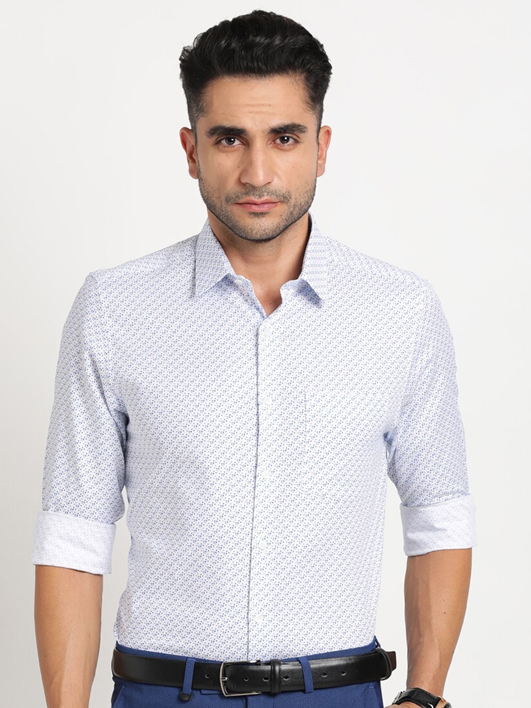 

Turtle Men Classic Slim Fit Opaque Printed Formal Shirt, Blue