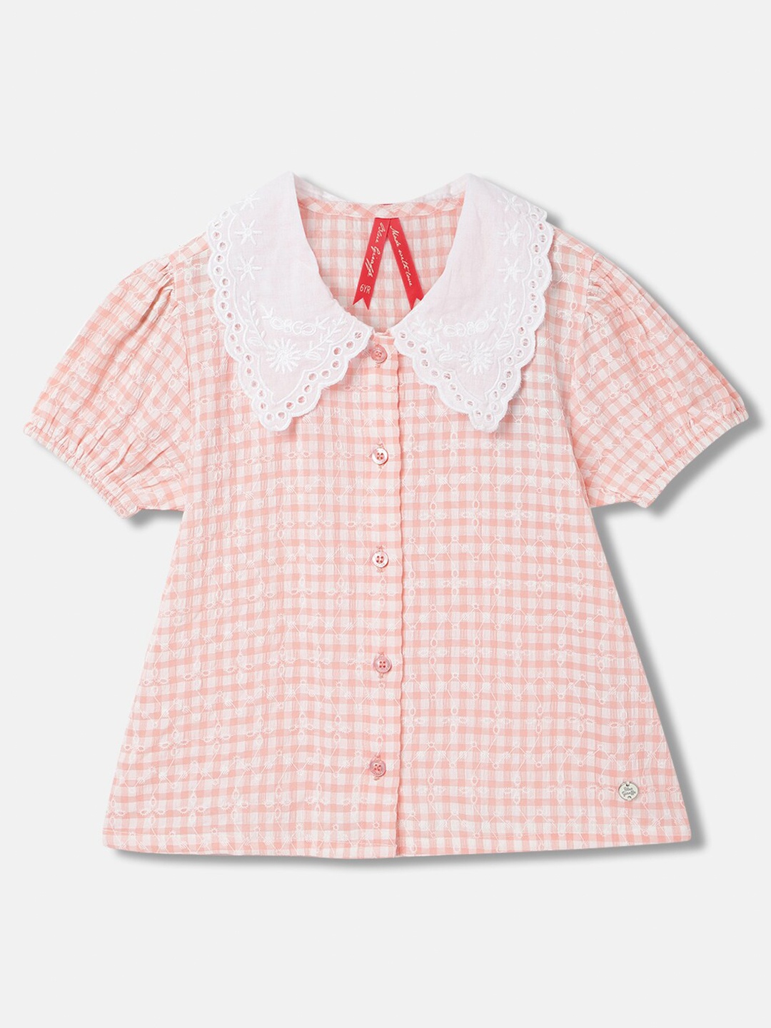 

Blue Giraffe Checked Peter Pan Collar Top, Peach