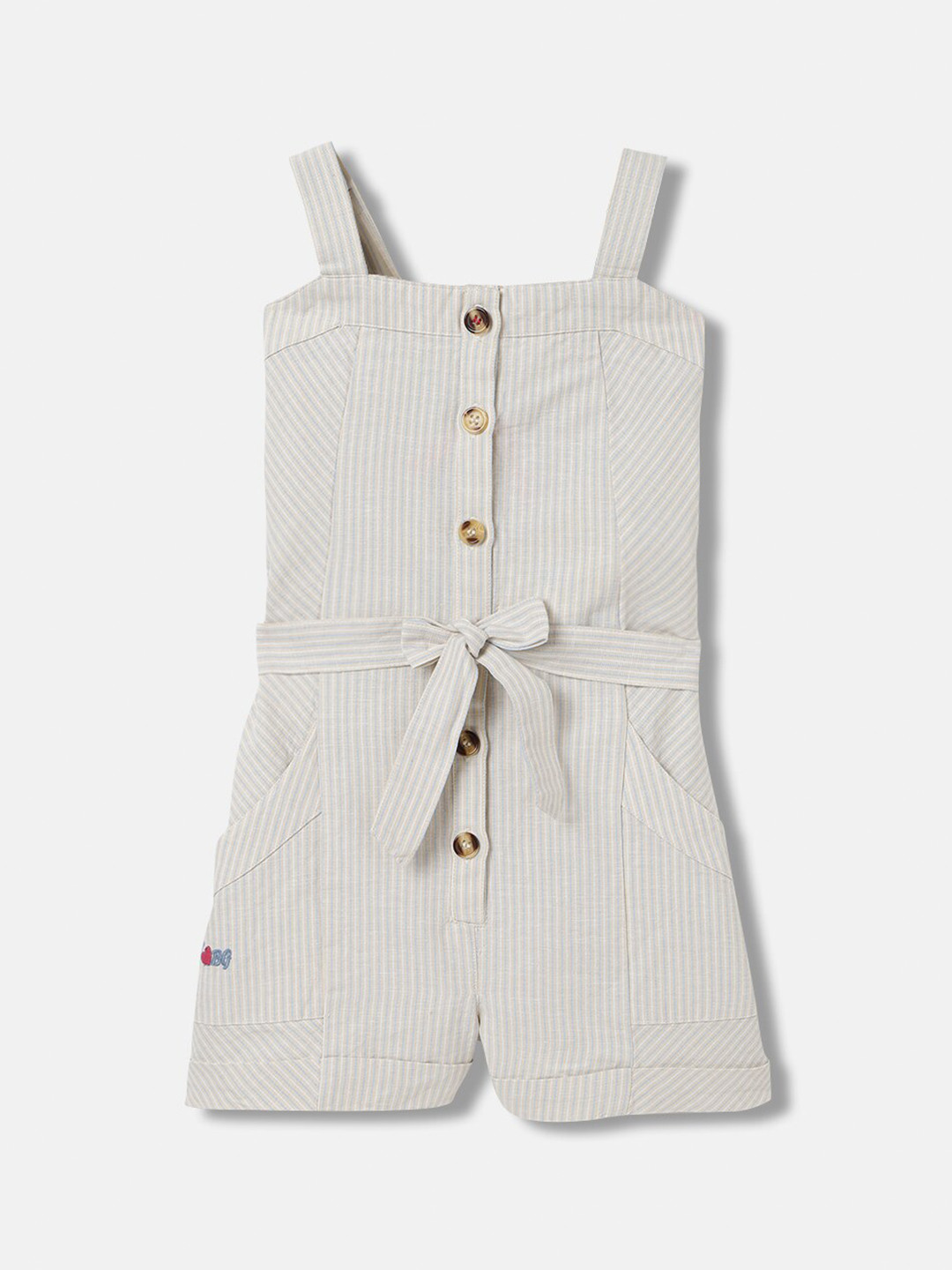 

Blue Giraffe Girls Striped Shoulder Straps Cotton Jumpsuit, Beige