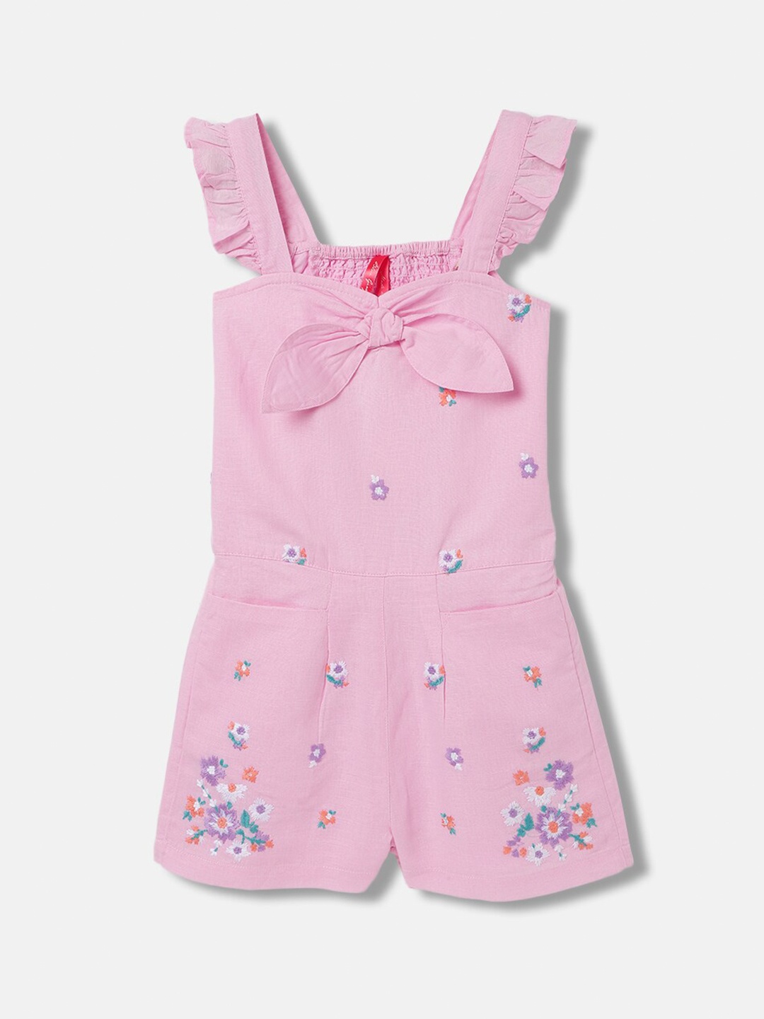 

Blue Giraffe Girls Floral Embroidered Cotton Jumpsuit, Purple