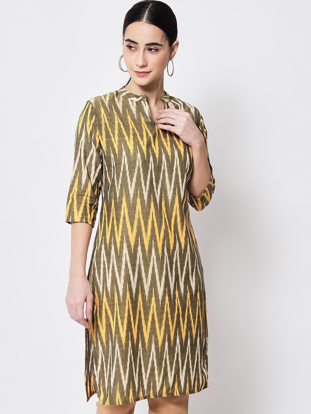 

KALINI Ikat Woven Design Pure Cotton Straight Kurta, Olive