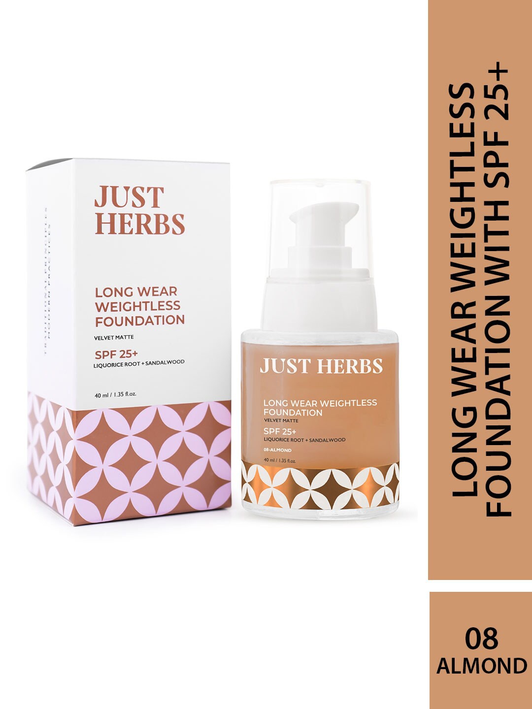 

Just Herbs Longwear Weightless Foundation 40ml- 08- Almond, Brown