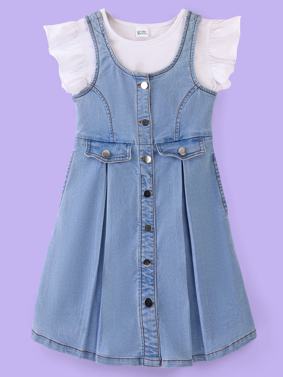 

Hola Bonita Cotton Layered Denim Solid Frock, Blue