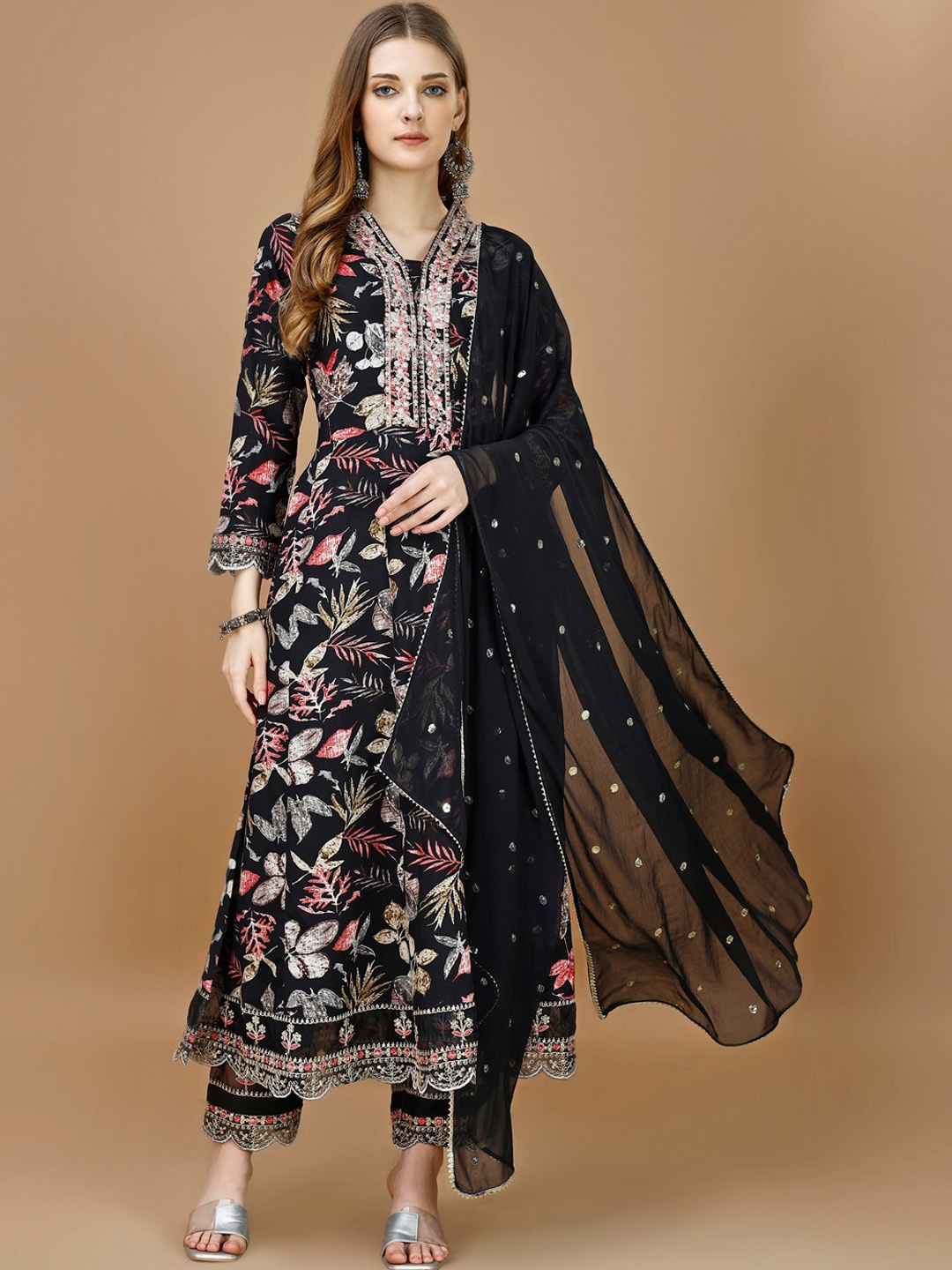 

KALINI Floral Embroidered Regular Sequinned Anarkali Kurta With Trousers & Dupatta, Black