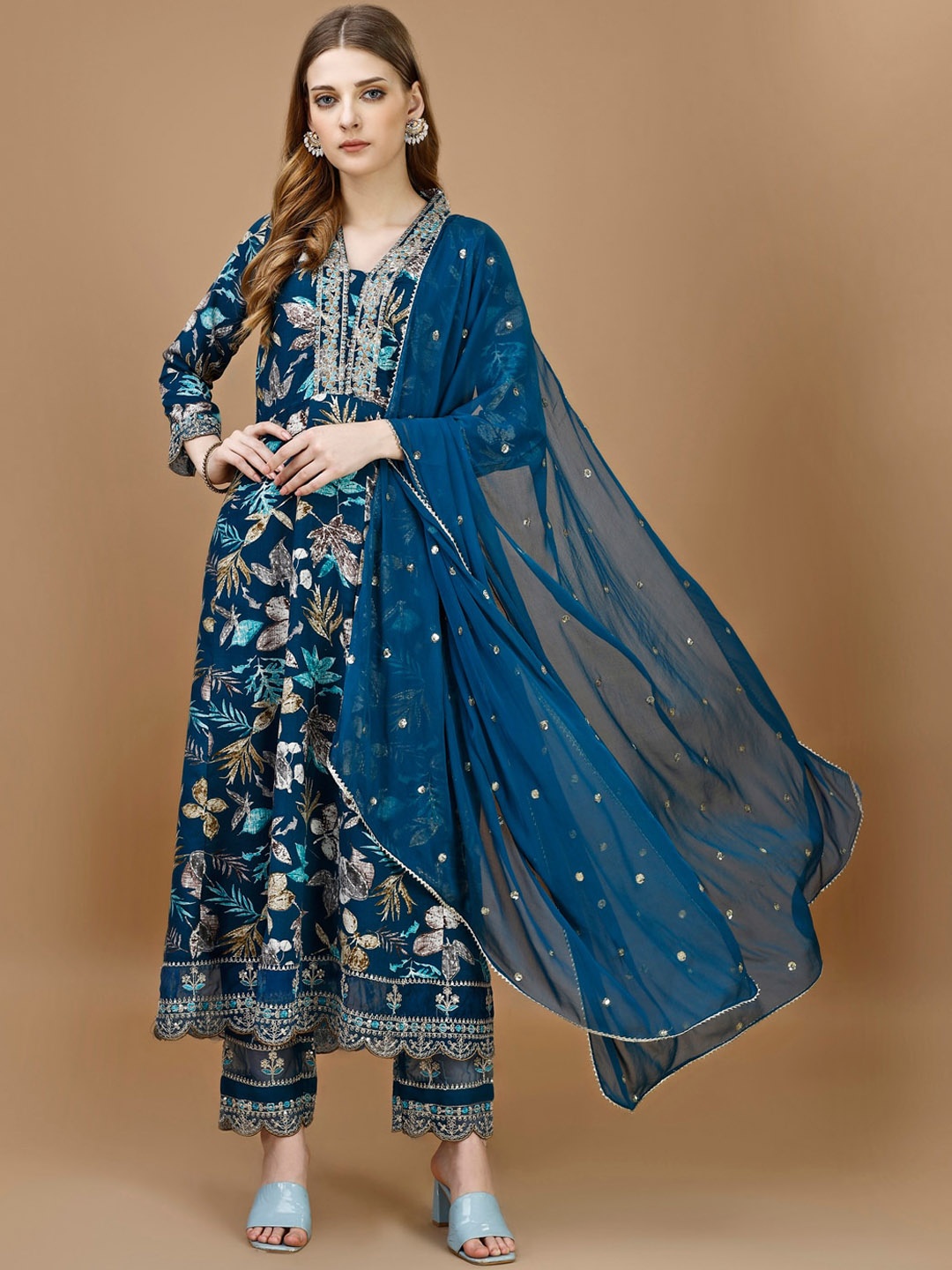 

KALINI Floral Embroidered Sequinned Anarkali Kurta with Trousers & Dupatta, Blue