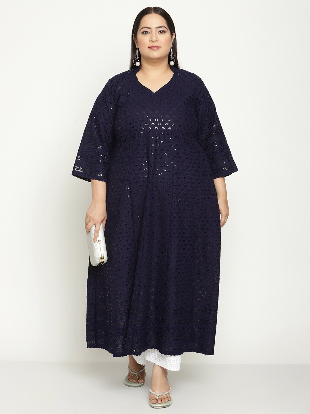 

QUEENLEY Plus Size Embroidered Anarkali Kurta, Navy blue